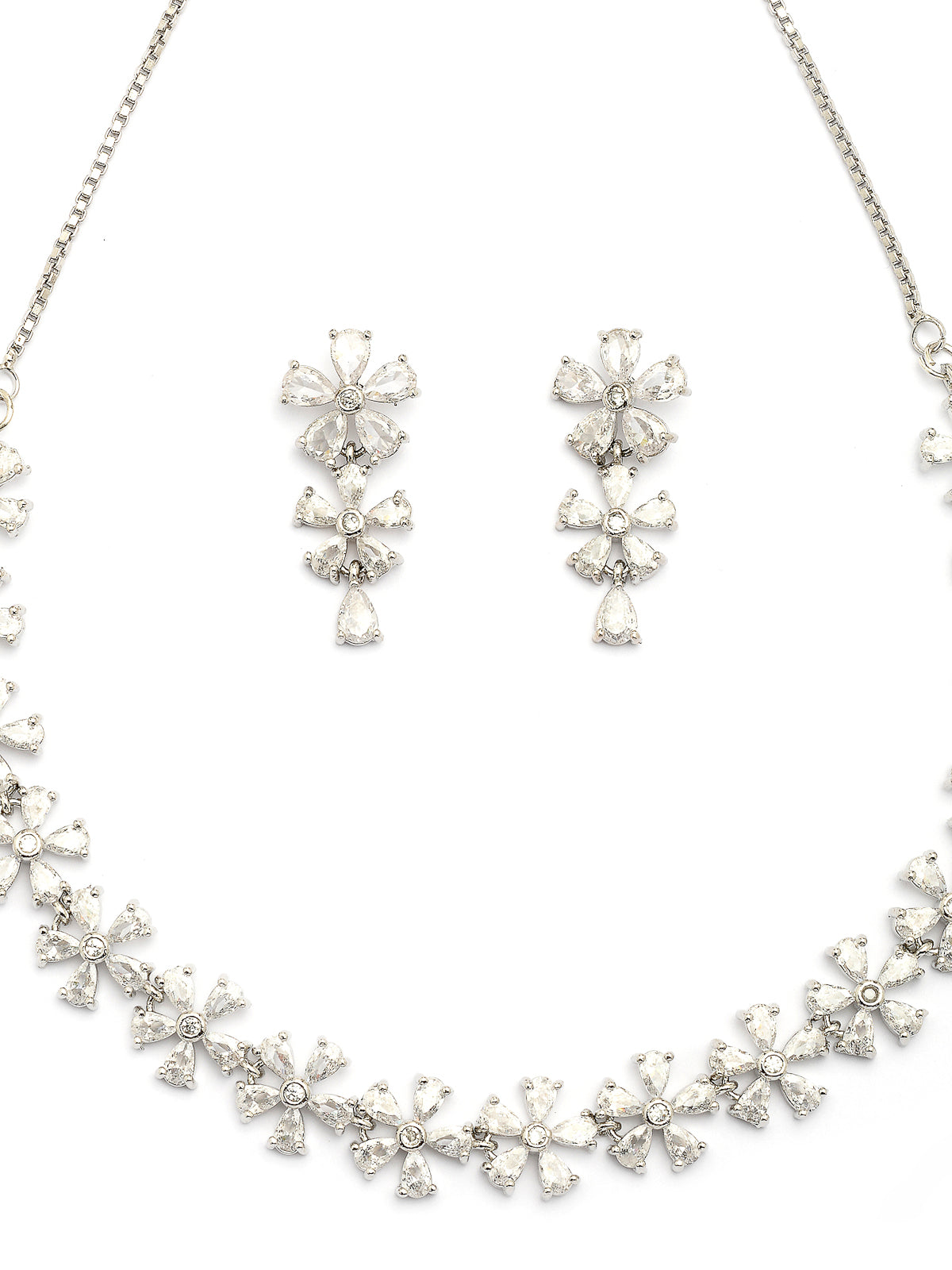 Sukkhi Attractive Rhodium Plated Silver Toned with American Diamond Studded Floral Shaped Choker Necklace with Drop Earring Jewellery Set For Women & Girls|NS107419