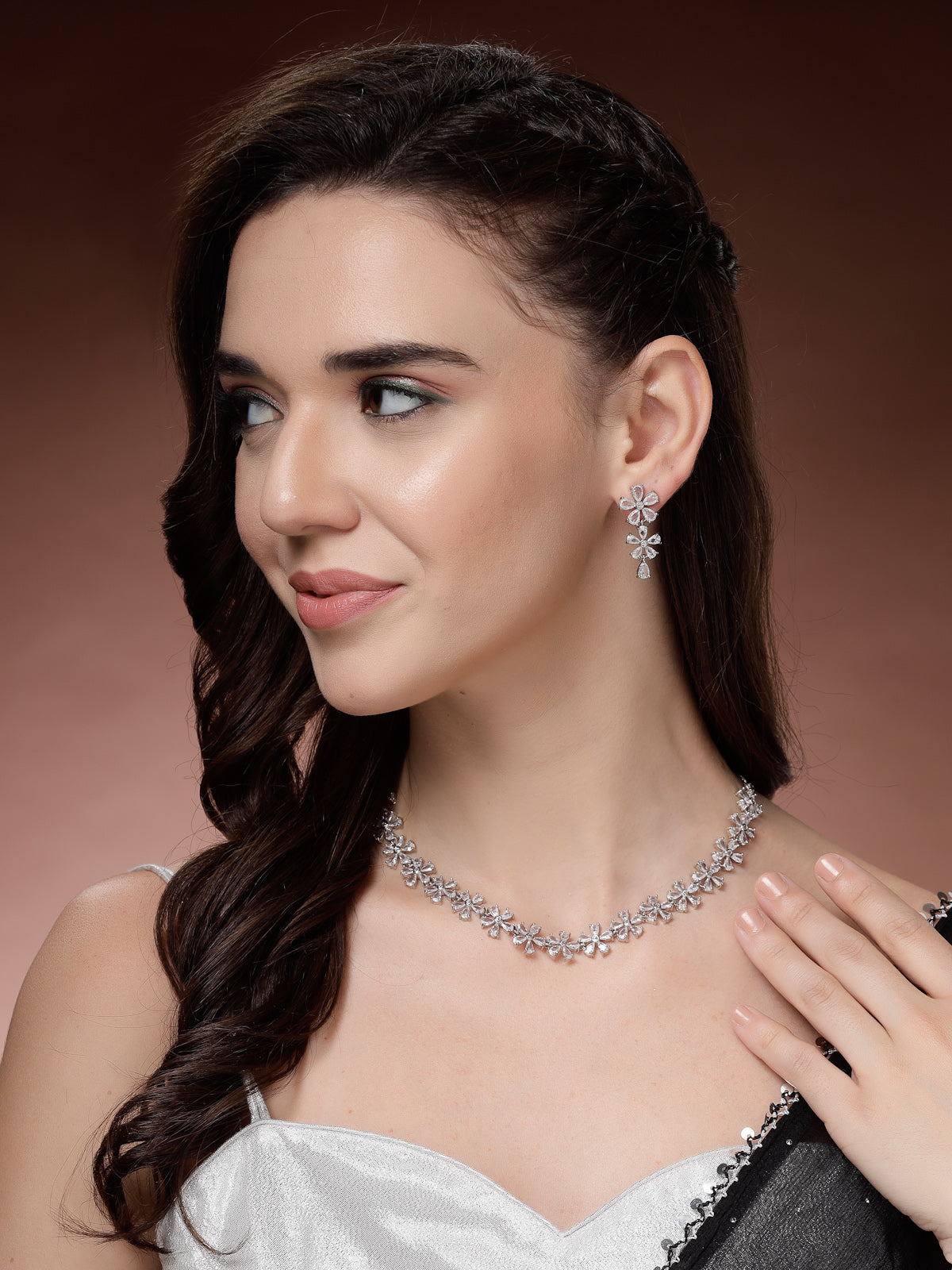 Sukkhi Attractive Rhodium Plated Silver Toned with American Diamond Studded Floral Shaped Choker Necklace with Drop Earring Jewellery Set For Women & Girls|NS107419