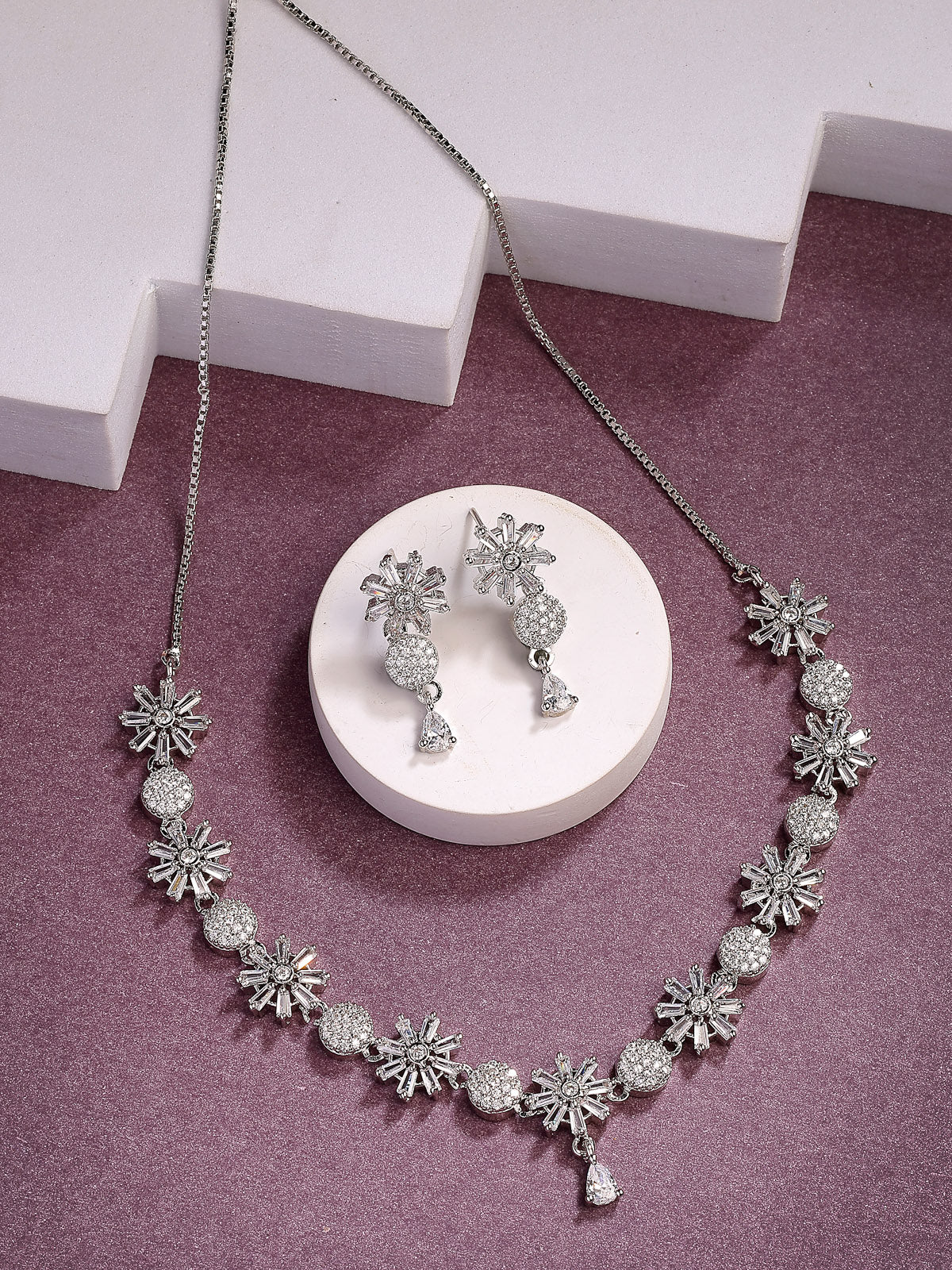 Sukkhi Decent Stylish Fashionable Rhodium Plated Silver Toned with American Diamond Studded Floral Shaped White Choker Necklace with Drop Earrings Jewellery Set For Women & Girls|NS107420