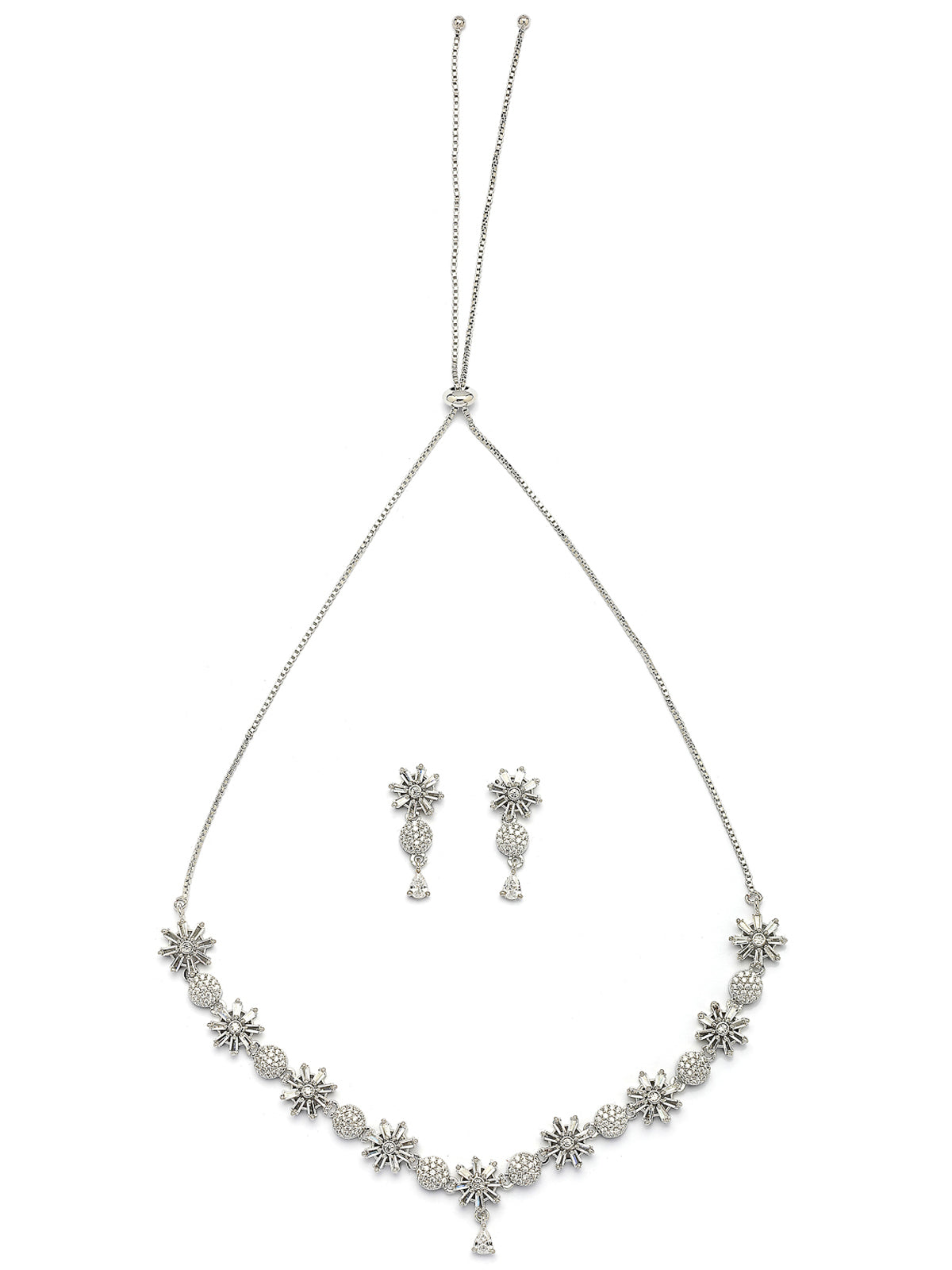 Sukkhi Decent Stylish Fashionable Rhodium Plated Silver Toned with American Diamond Studded Floral Shaped White Choker Necklace with Drop Earrings Jewellery Set For Women & Girls|NS107420