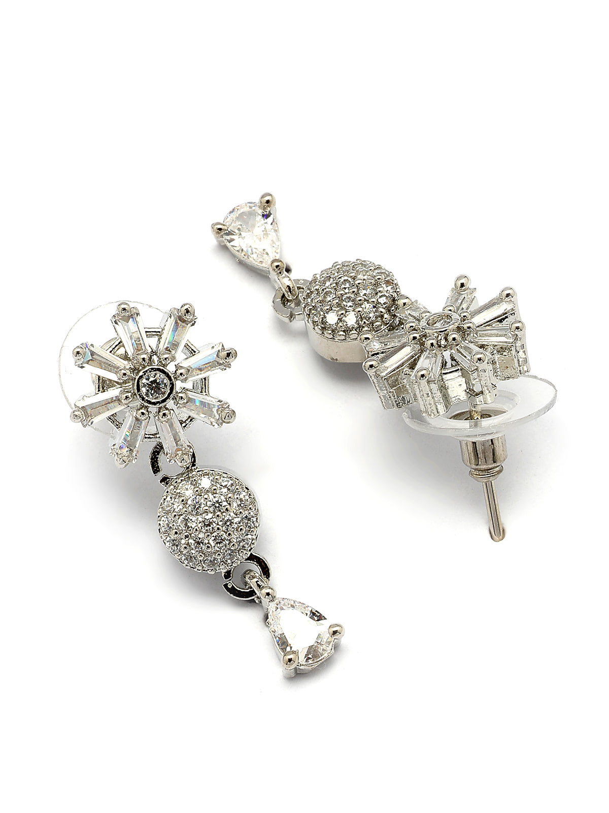 Sukkhi Decent Stylish Fashionable Rhodium Plated Silver Toned with American Diamond Studded Floral Shaped White Choker Necklace with Drop Earrings Jewellery Set For Women & Girls|NS107420