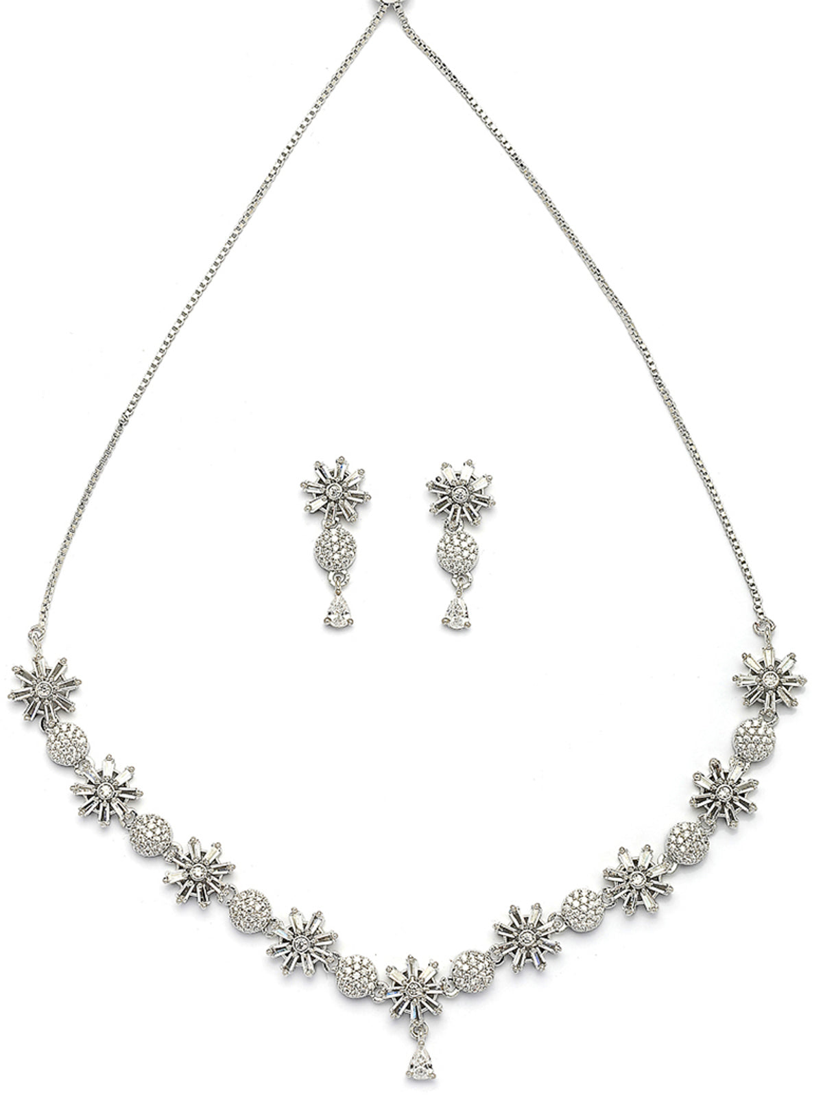 Sukkhi Decent Stylish Fashionable Rhodium Plated Silver Toned with American Diamond Studded Floral Shaped White Choker Necklace with Drop Earrings Jewellery Set For Women & Girls|NS107420