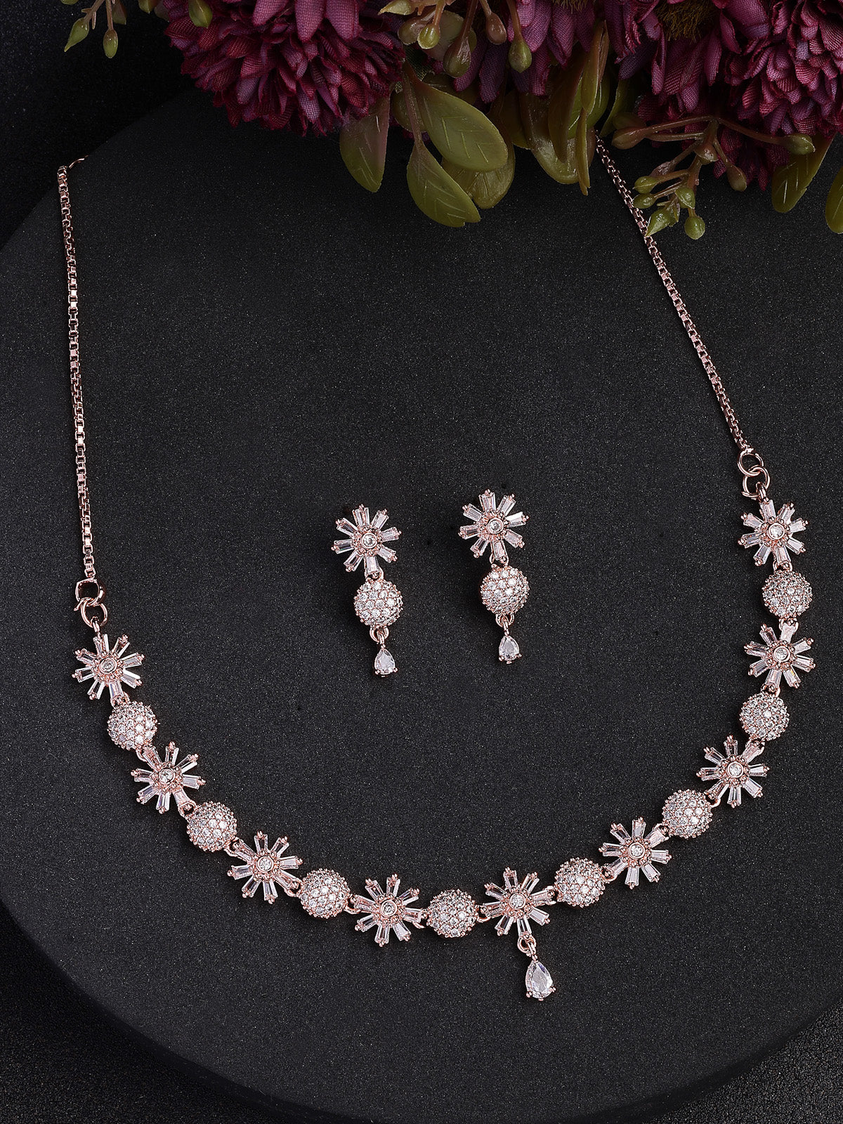 Sukkhi Decent Stylish Fashionable Gold Plated with American Diamond Studded Floral Shaped White Choker Necklace with Drop Earrings Jewellery Set For Women & Girls|NS107421