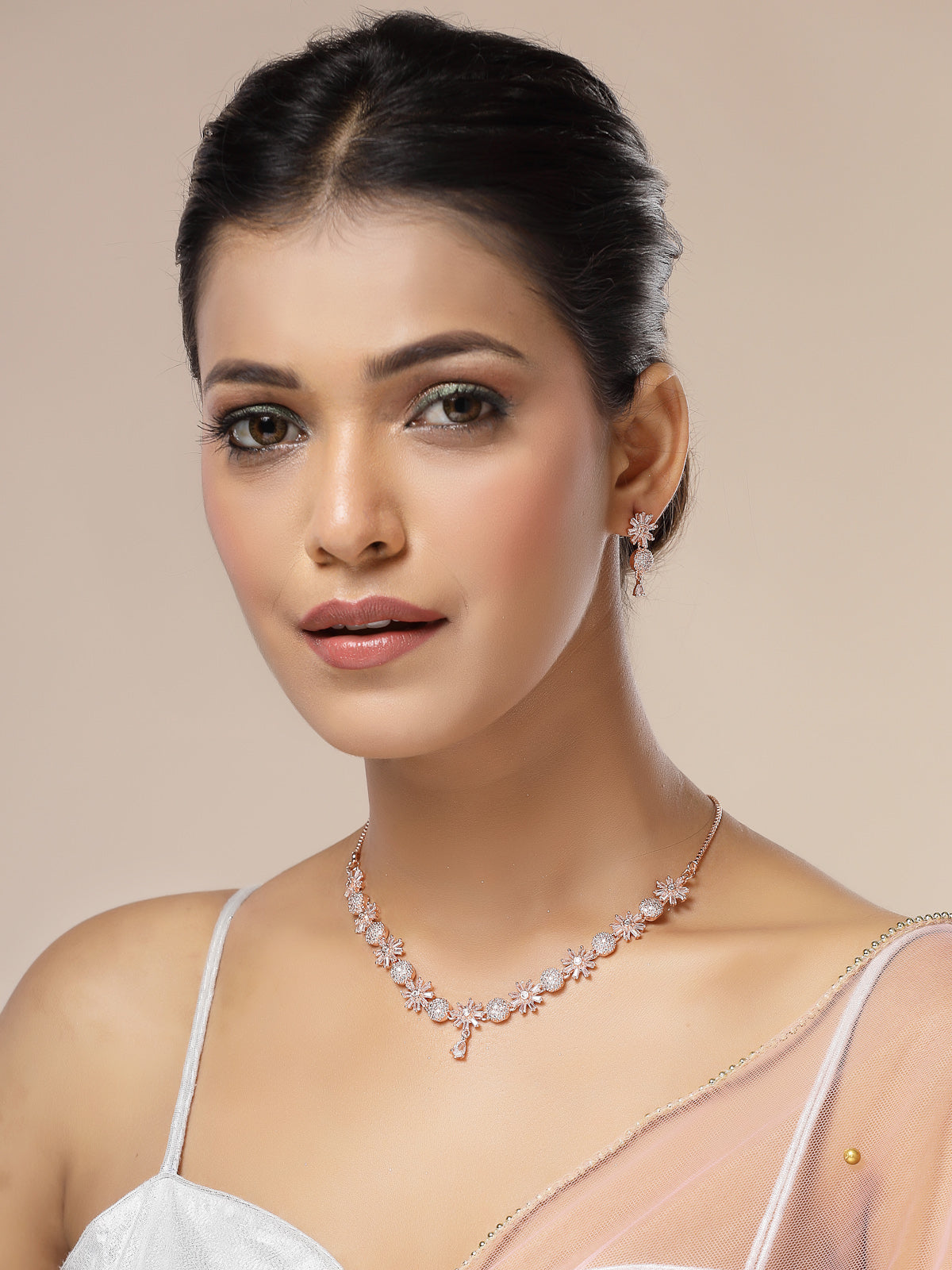 Sukkhi Decent Stylish Fashionable Gold Plated with American Diamond Studded Floral Shaped White Choker Necklace with Drop Earrings Jewellery Set For Women & Girls|NS107421