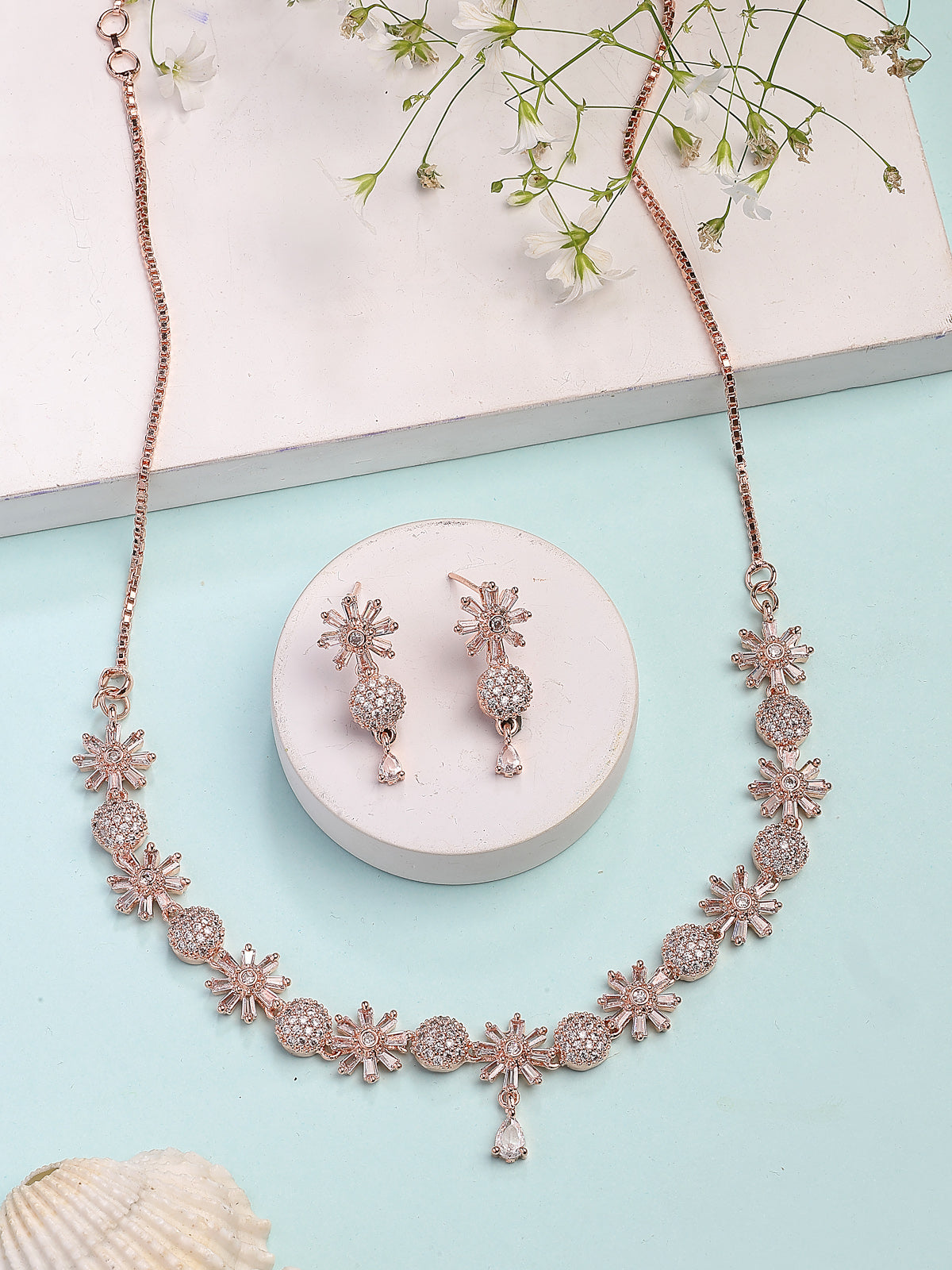 Sukkhi Decent Stylish Fashionable Gold Plated with American Diamond Studded Floral Shaped White Choker Necklace with Drop Earrings Jewellery Set For Women & Girls|NS107421