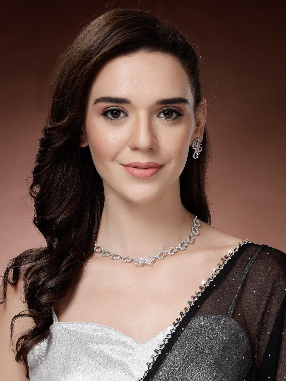 Sukkhi Western Fashion Style Rhodium Plated with Silver Toned Cubic Zirconia Stones Studded White Choker Necklace with Studs Earring Jewellery Set For Women & Girls|NS107422