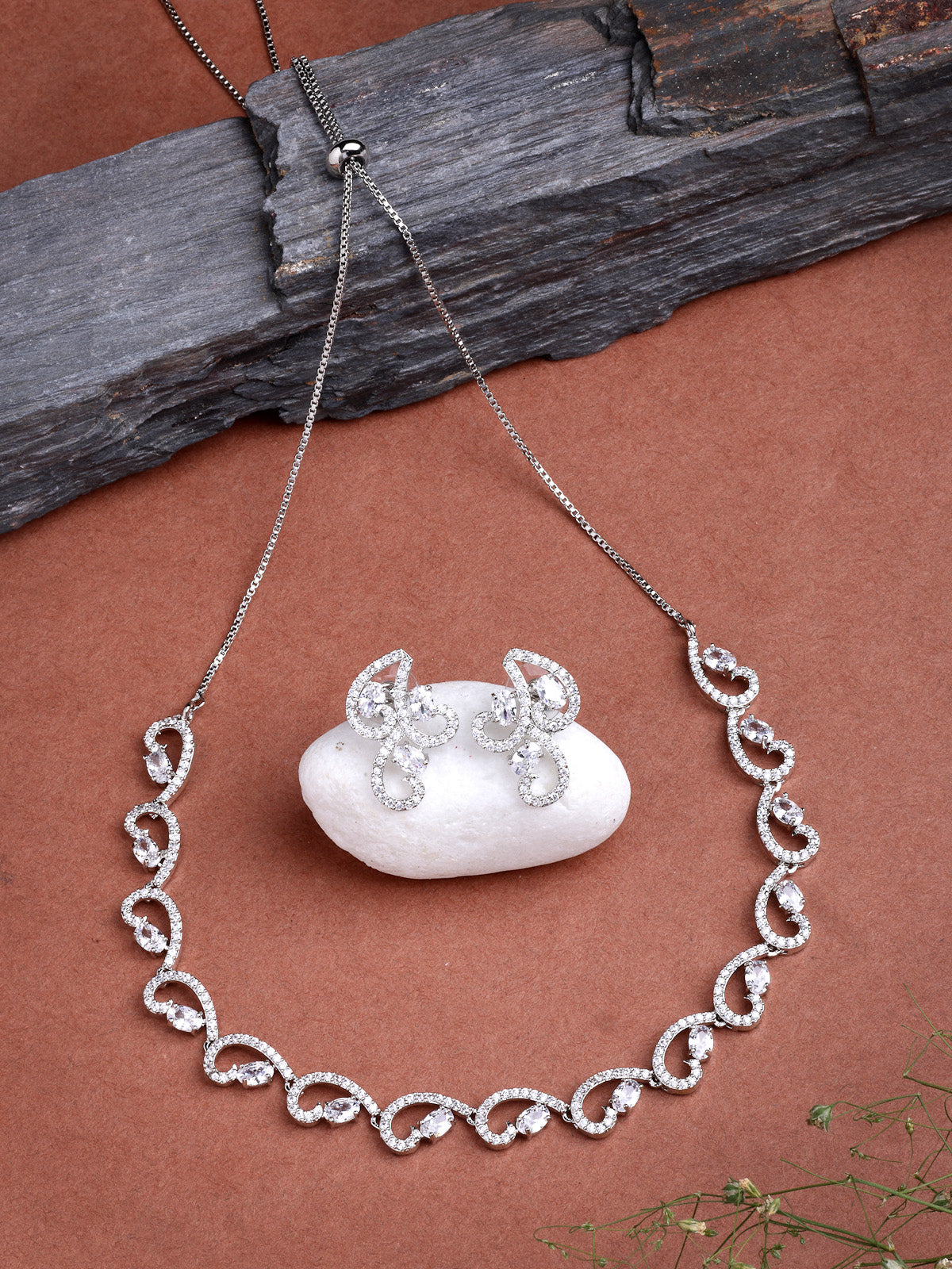 Sukkhi Western Fashion Style Rhodium Plated with Silver Toned Cubic Zirconia Stones Studded White Choker Necklace with Studs Earring Jewellery Set For Women & Girls|NS107422