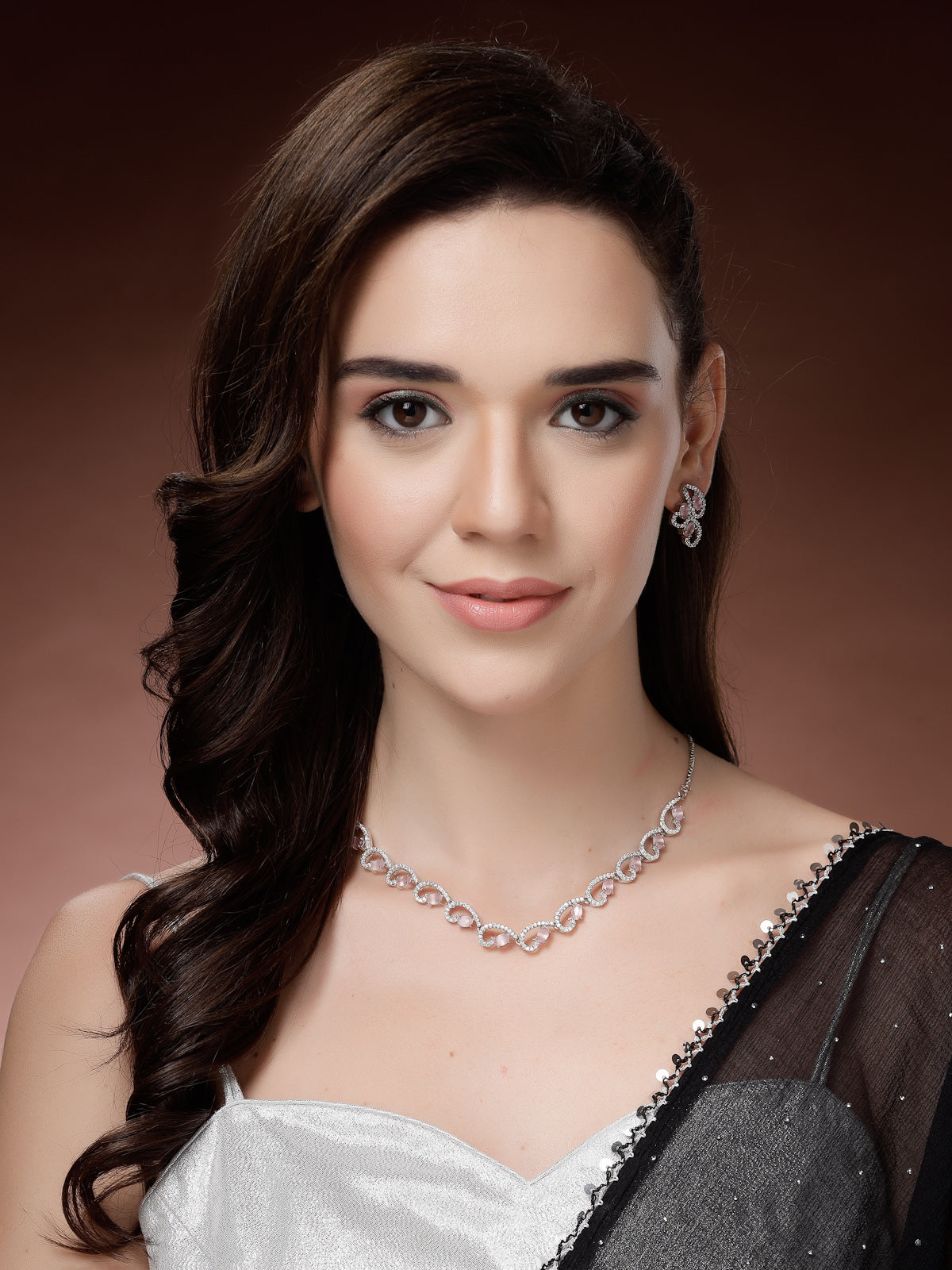 Sukkhi Western Fashion Style Rhodium Plated with Silver Toned Cubic Zirconia Stones Studded Pink Choker Necklace with Studs Earring Jewellery Set For Women & Girls|NS107423