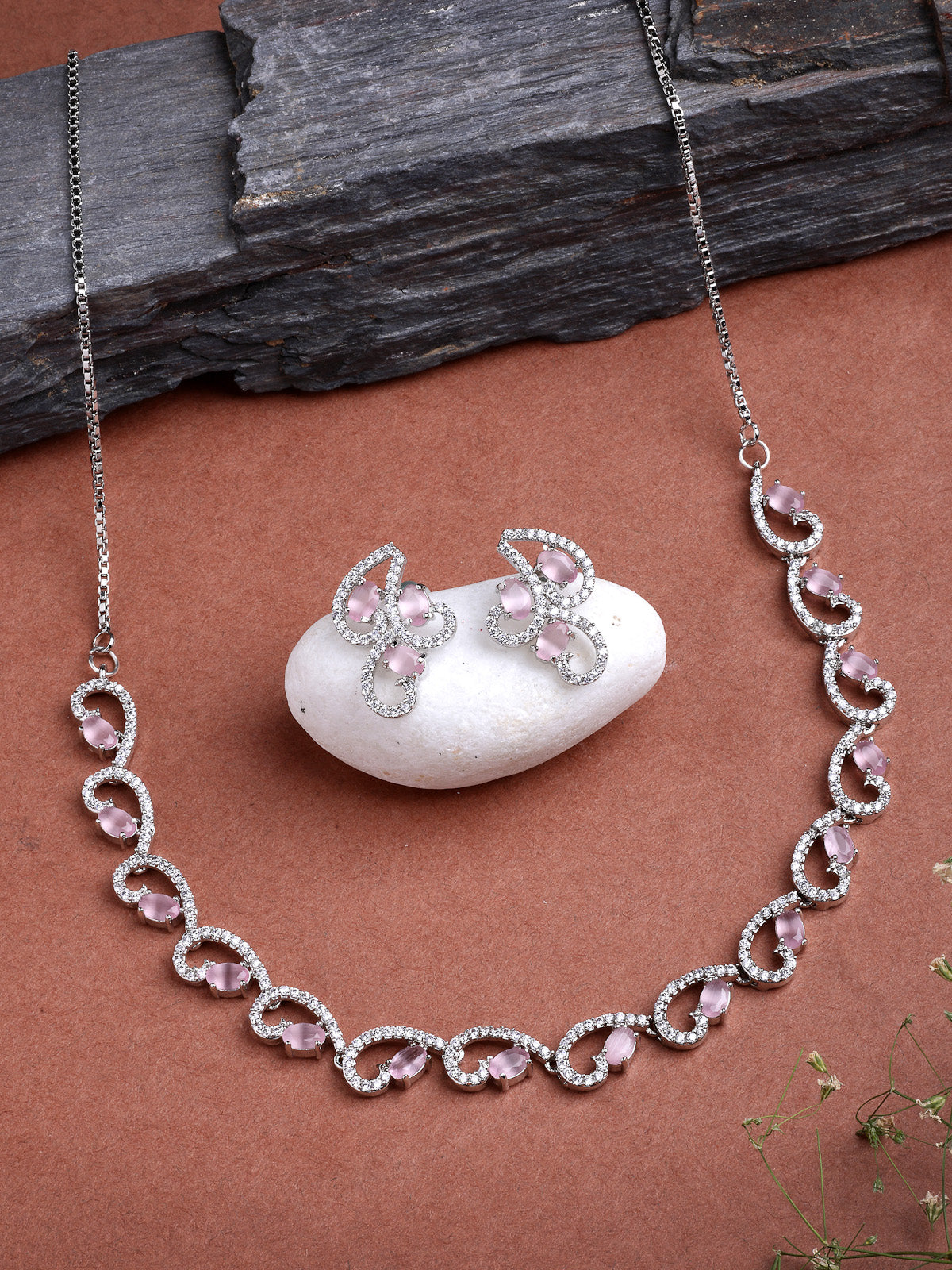 Sukkhi Western Fashion Style Rhodium Plated with Silver Toned Cubic Zirconia Stones Studded Pink Choker Necklace with Studs Earring Jewellery Set For Women & Girls|NS107423