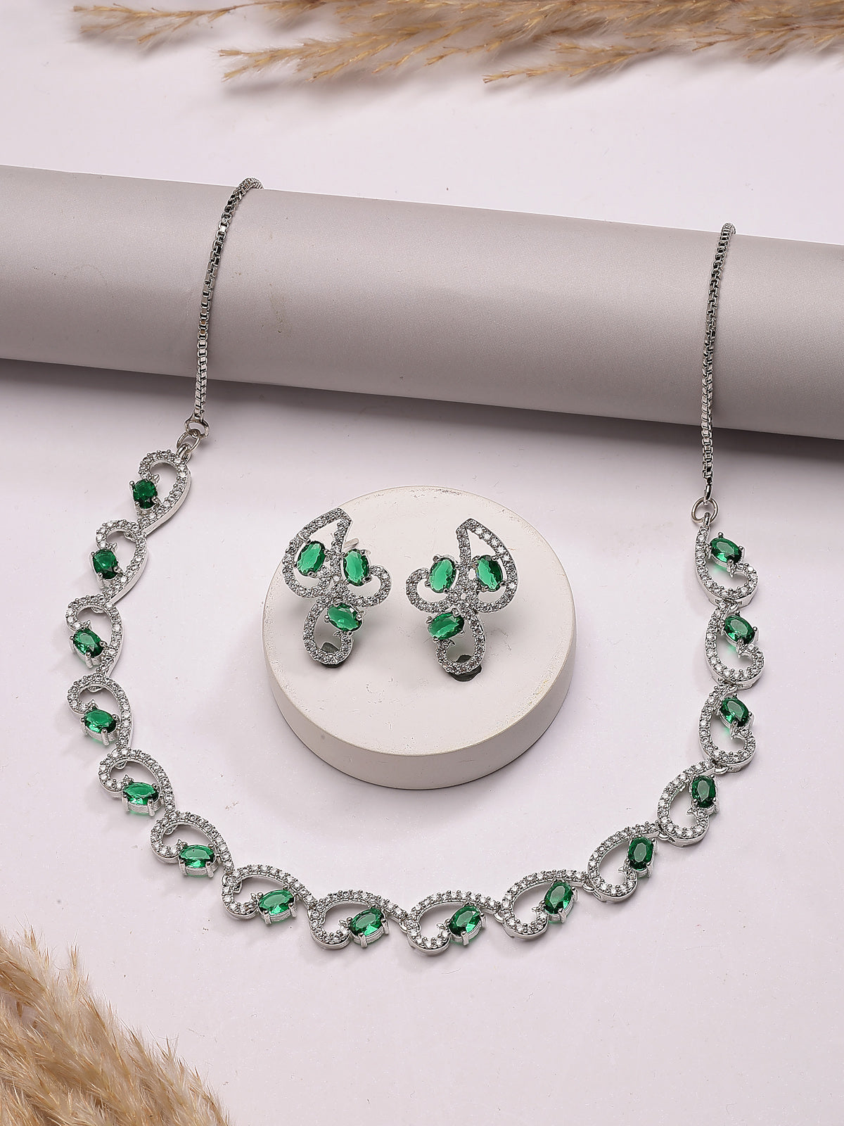 Sukkhi Western Fashion Style Rhodium Plated with Silver Toned Cubic Zirconia Stones Studded Green Choker Necklace with Studs Earring Jewellery Set For Women & Girls|NS107424