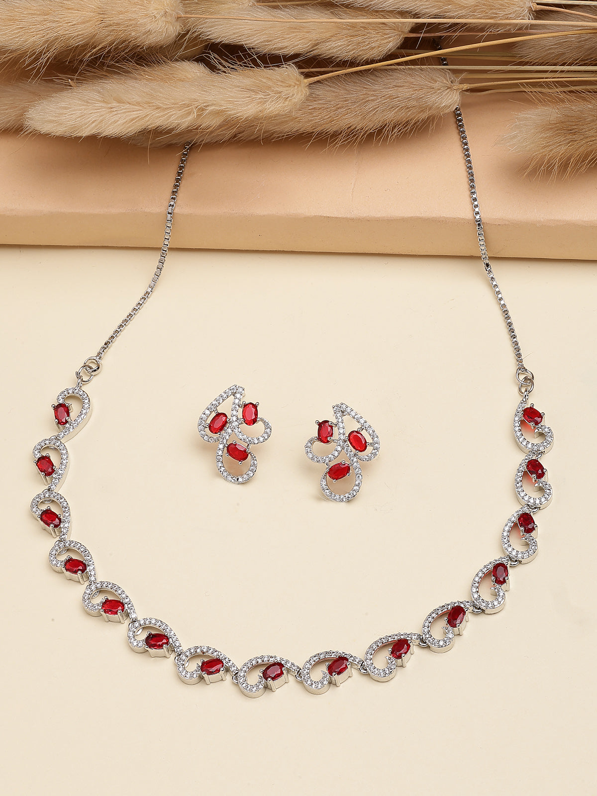 Sukkhi Western Fashion Style Rhodium Plated with Silver Toned Cubic Zirconia Stones Studded Red Choker Necklace with Studs Earring Jewellery Set For Women & Girls|NS107425