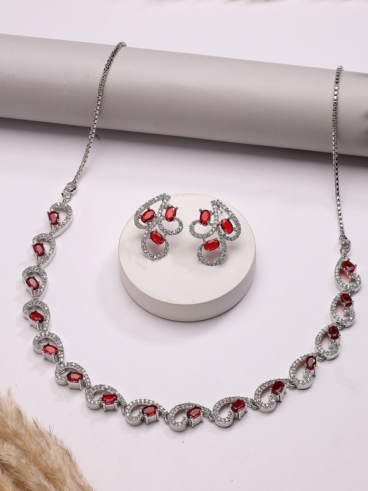 Sukkhi Western Fashion Style Rhodium Plated with Silver Toned Cubic Zirconia Stones Studded Red Choker Necklace with Studs Earring Jewellery Set For Women & Girls|NS107425