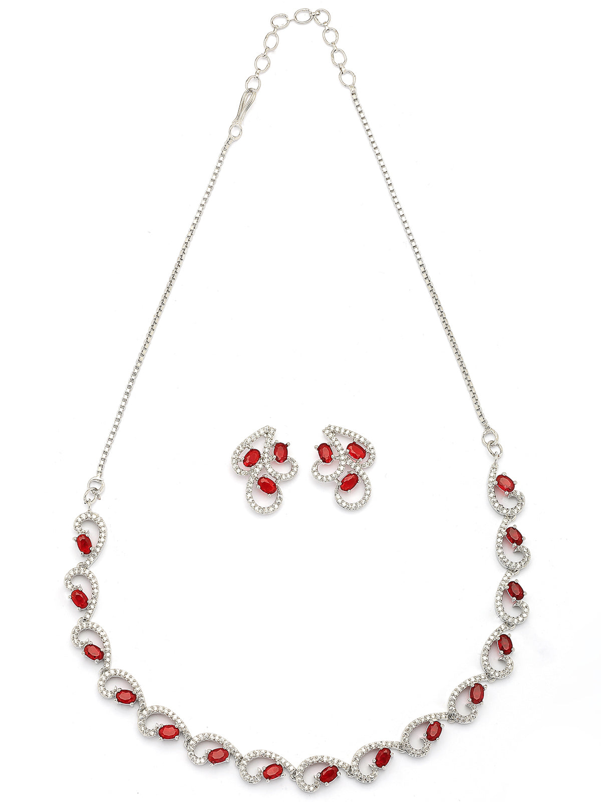 Sukkhi Western Fashion Style Rhodium Plated with Silver Toned Cubic Zirconia Stones Studded Red Choker Necklace with Studs Earring Jewellery Set For Women & Girls|NS107425