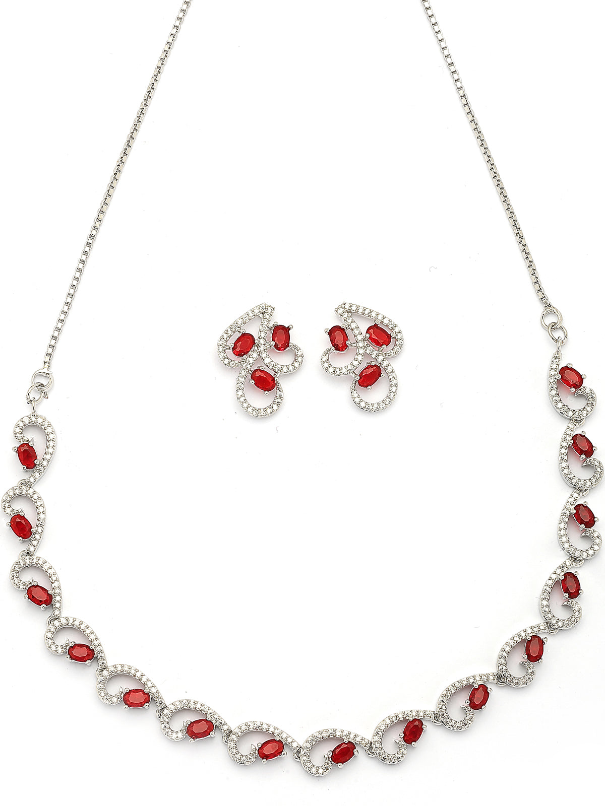 Sukkhi Western Fashion Style Rhodium Plated with Silver Toned Cubic Zirconia Stones Studded Red Choker Necklace with Studs Earring Jewellery Set For Women & Girls|NS107425