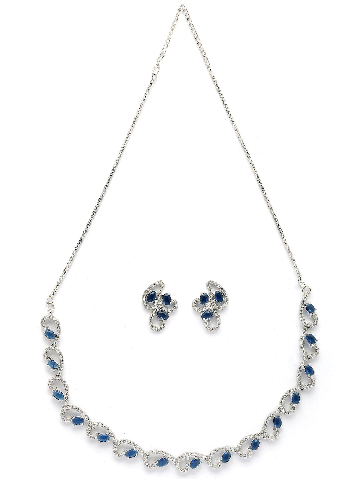 Sukkhi Western Fashion Style Rhodium Plated with Silver Toned Cubic Zirconia Stones Studded Blue Choker Necklace with Studs Earring Jewellery Set For Women & Girls|NS107426