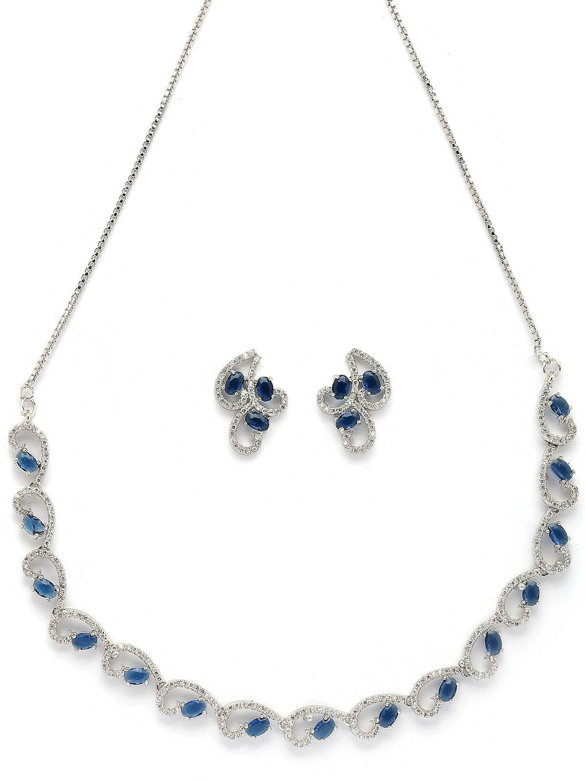 Sukkhi Western Fashion Style Rhodium Plated with Silver Toned Cubic Zirconia Stones Studded Blue Choker Necklace with Studs Earring Jewellery Set For Women & Girls|NS107426