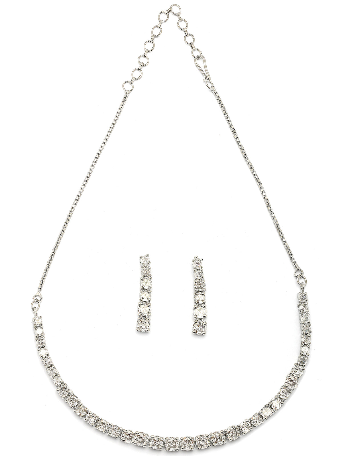 Sukkhi Classic Style American Diamond Studded Rhodium Silver Plated Handmade Circle White Choker Necklace With Dangle Earrings Jewellery Set for Women & Girs|NS107428