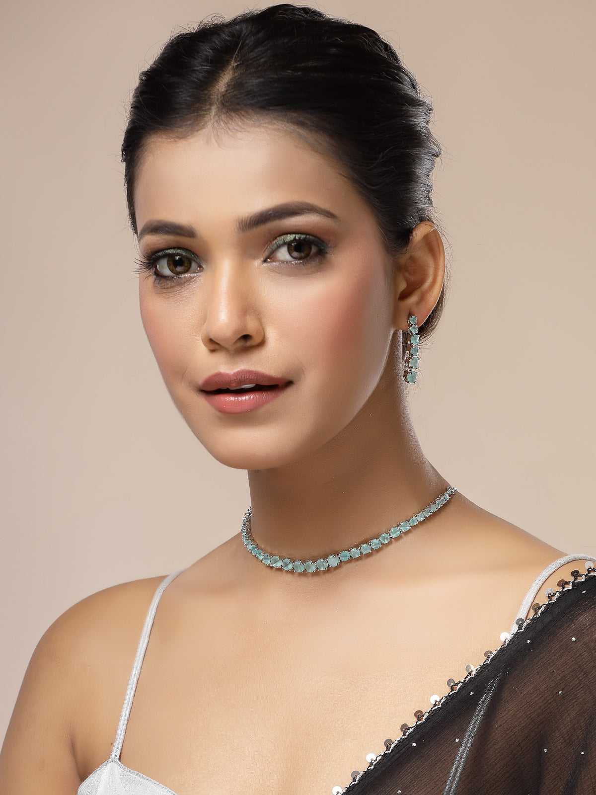 Sukkhi Classic Style American Diamond Studded Rhodium Silver Plated Handmade Circle Aqua Blue Choker Necklace With Dangle Earrings Jewellery Set for Women & Girs|NS107429