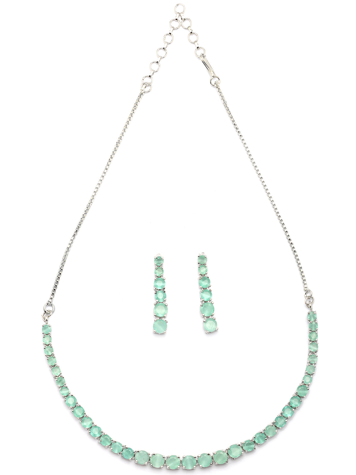 Sukkhi Classic Style American Diamond Studded Rhodium Silver Plated Handmade Circle Aqua Blue Choker Necklace With Dangle Earrings Jewellery Set for Women & Girs|NS107429