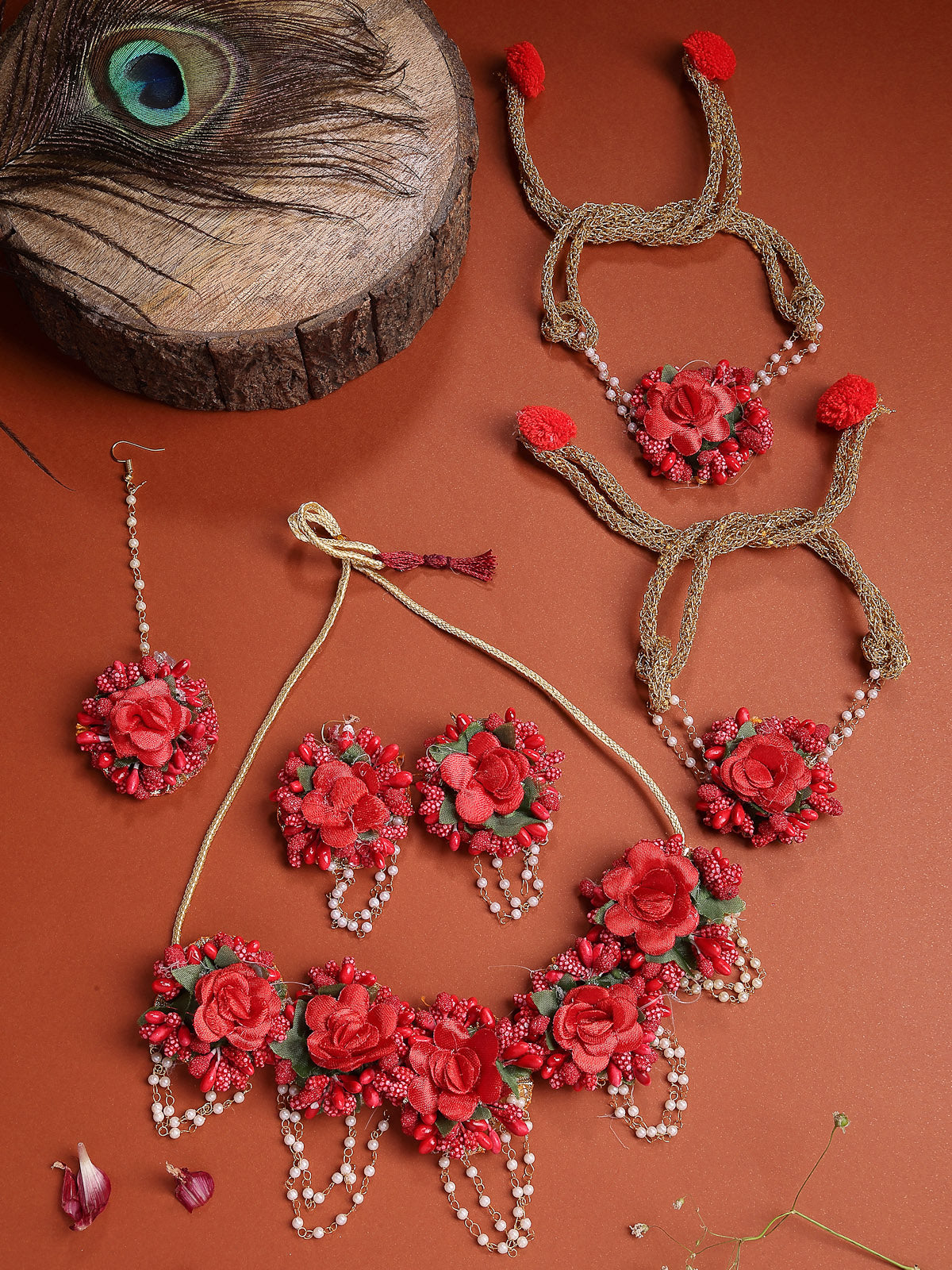Sukkhi Decorative Stylish Fashion Flowers Handmade Red Jewellery Set for Haldi Gota Patti Necklace Earrings Bracelet & Maangtikka for Women & Girls|Mehandi/Haldi/Wedding/Bridal/Baby Shower|NS107464