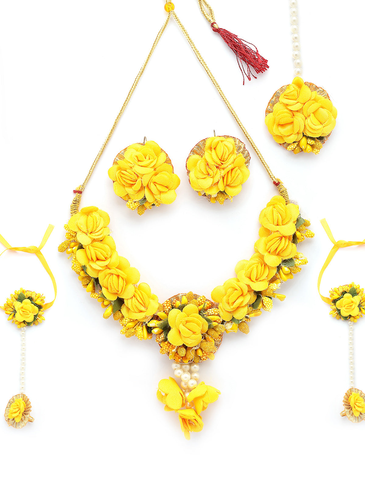 Sukkhi Creative Stylish Fashion Flowers Handmade Yellow Jewellery Set for Haldi Gota Patti Necklace Earrings Bracelet & Maangtikka for Women & Girls|Mehandi/Haldi/Wedding/Bridal/Baby Shower|NS107465