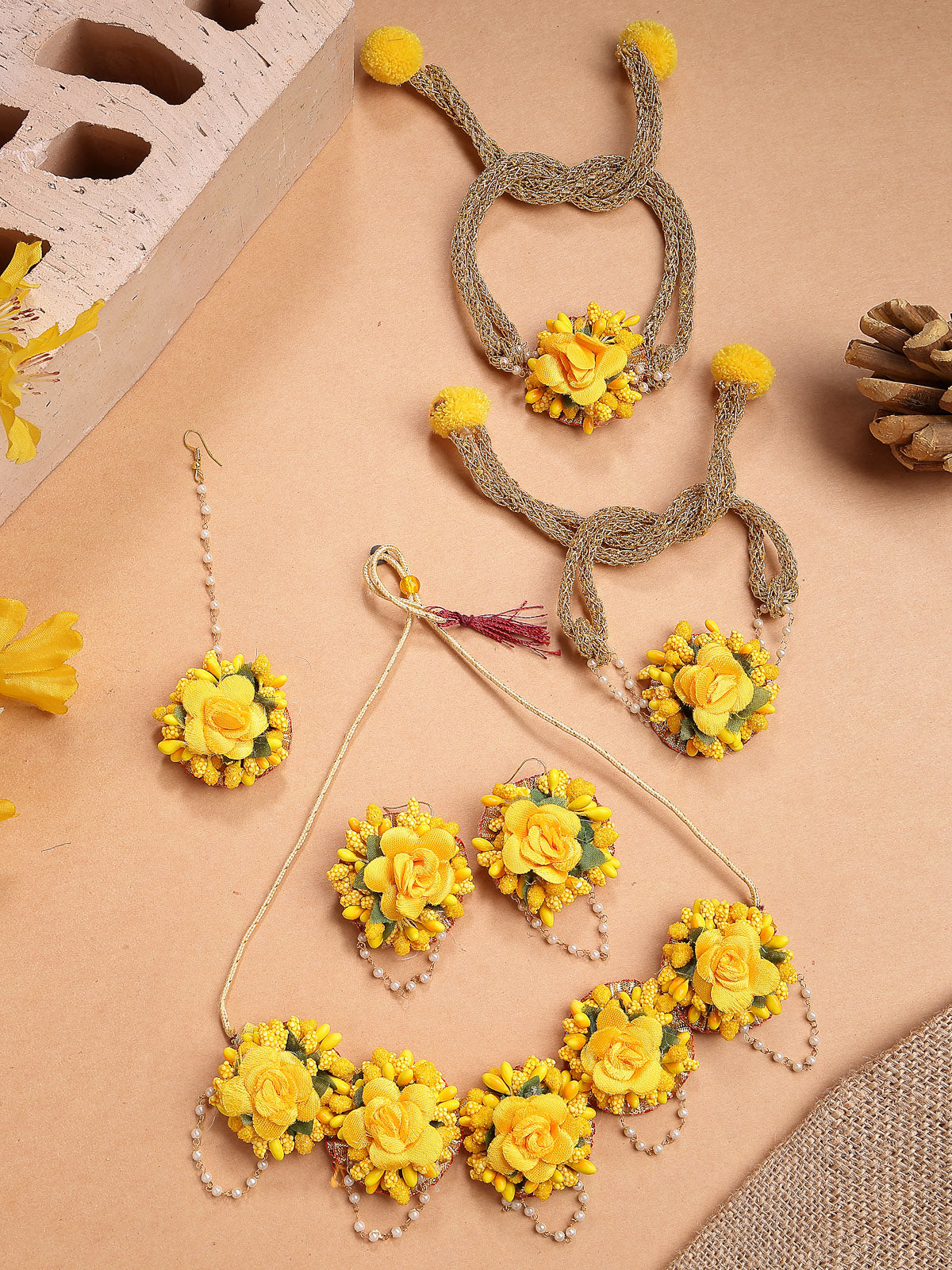 Sukkhi Decorative Stylish Fashion Flowers Handmade Yellow Jewellery Set for Haldi Gota Patti Necklace Earrings Bracelet & Maangtikka for Women & Girls|Mehandi/Haldi/Wedding/Bridal/Baby Shower|NS107466