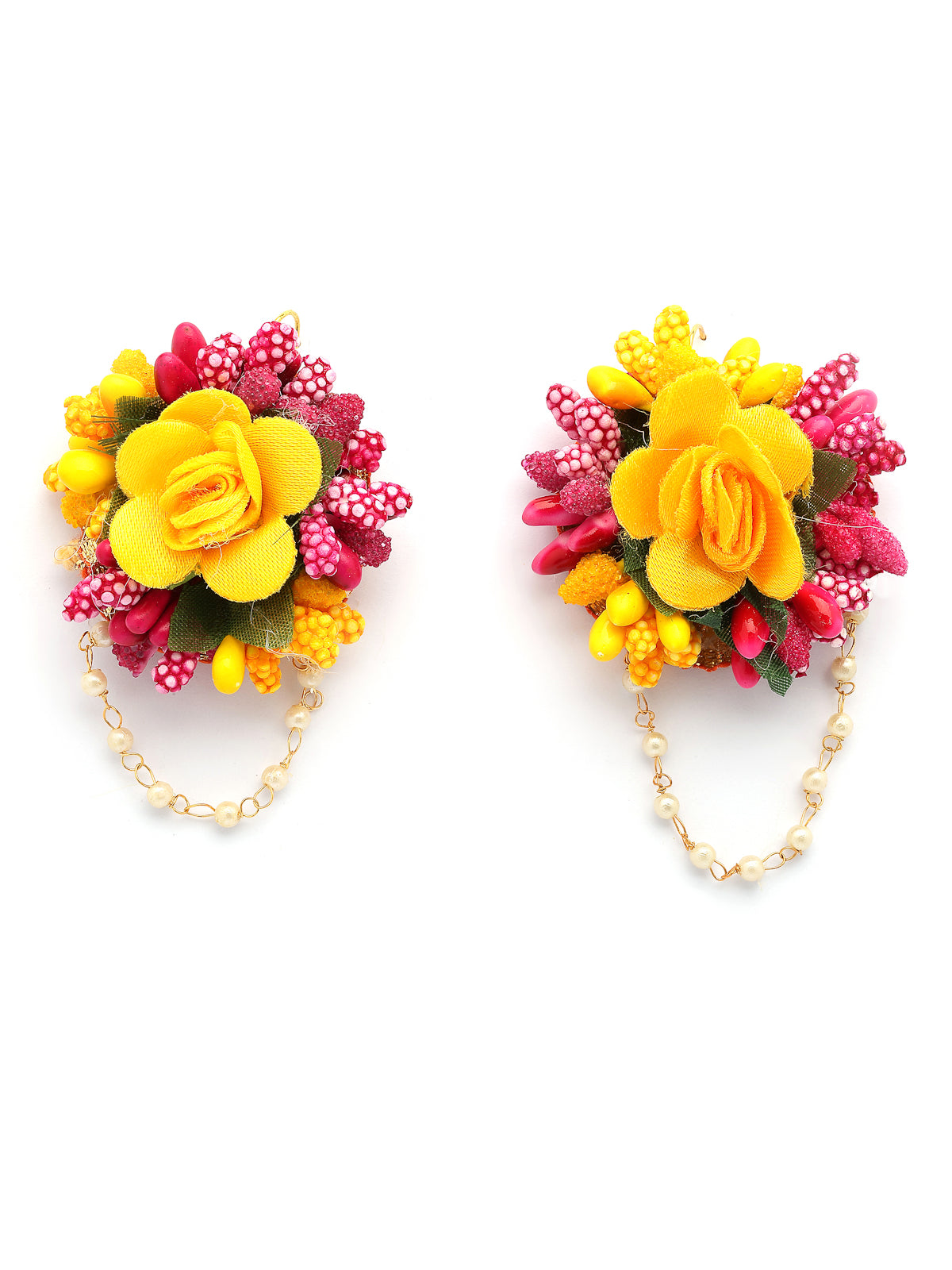 Sukkhi Decorative Stylish Fashion Flowers Handmade Yellow Red Jewellery Set for Haldi Gota Patti Necklace Earrings Bracelet & Maangtikka for Women & Girls|Mehandi/Haldi/Wedding/Bridal/Baby Shower|NS107467