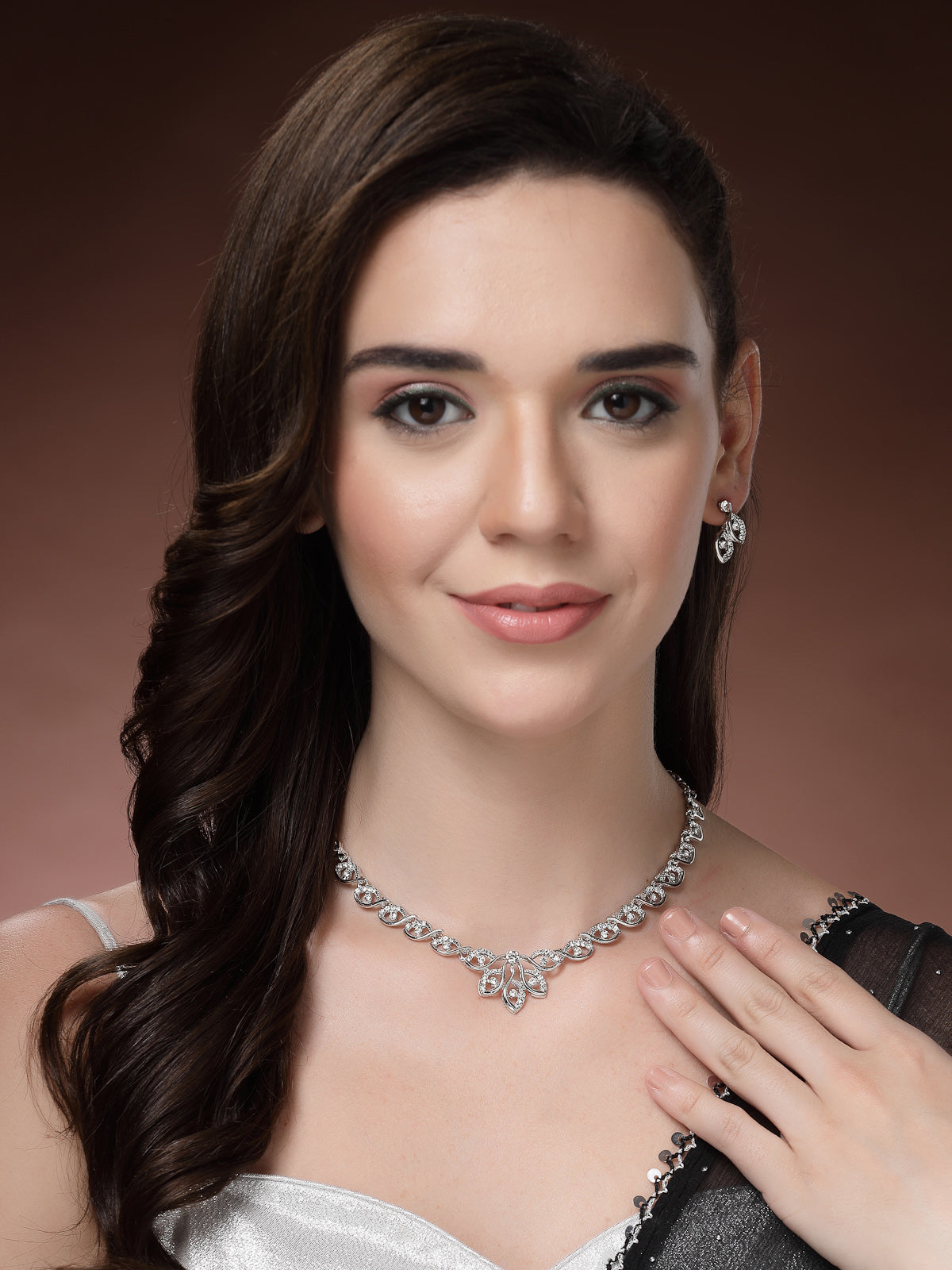 Sukkhi Decent & Shiny AD Stones Studded with Rhodium Plated Choker Necklace Set & Drop Earrings Jewellery for Women & Girls|Jewellery for Party, Wedding, and Festive Occasions for Women|NS107472