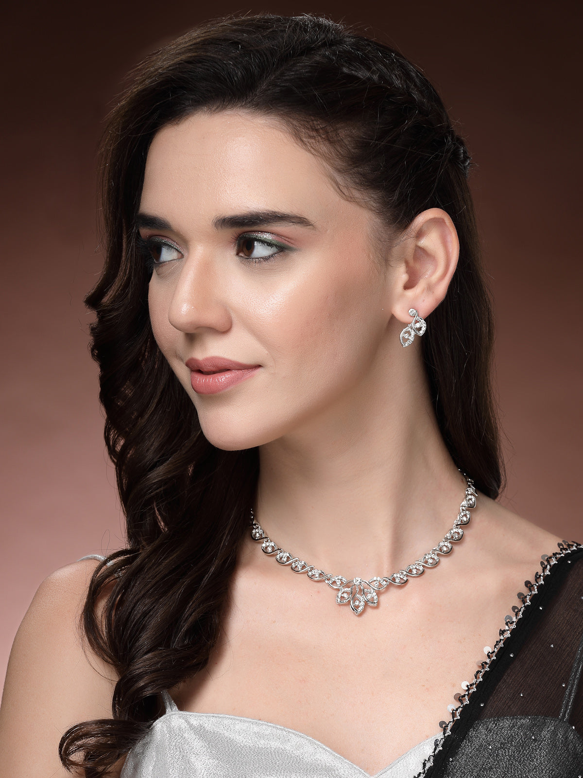 Sukkhi Decent & Shiny AD Stones Studded with Rhodium Plated Choker Necklace Set & Drop Earrings Jewellery for Women & Girls|Jewellery for Party, Wedding, and Festive Occasions for Women|NS107472