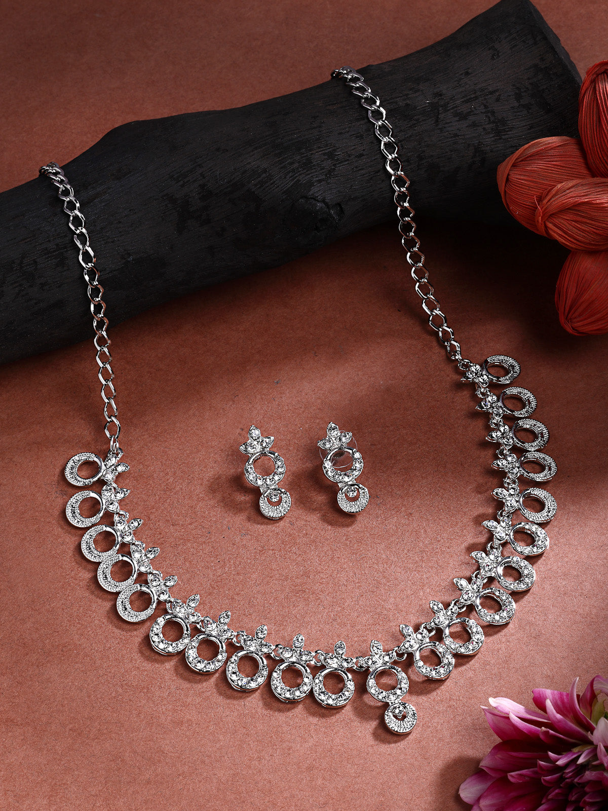 Sukkhi Graceful Rhodium Plated Round Shaped AD Stones Studded Silver Necklace Set with Studs Earrings Jewellery for Women & Girls|Jewellery for Party, Wedding, and Festive Occasions for Women|NS107473