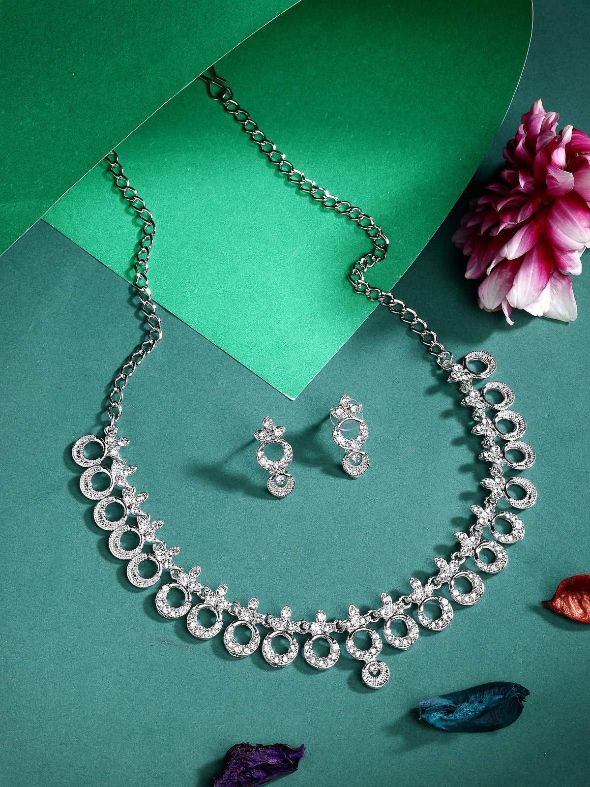 Sukkhi Graceful Rhodium Plated Round Shaped AD Stones Studded Silver Necklace Set with Studs Earrings Jewellery for Women & Girls|Jewellery for Party, Wedding, and Festive Occasions for Women|NS107473