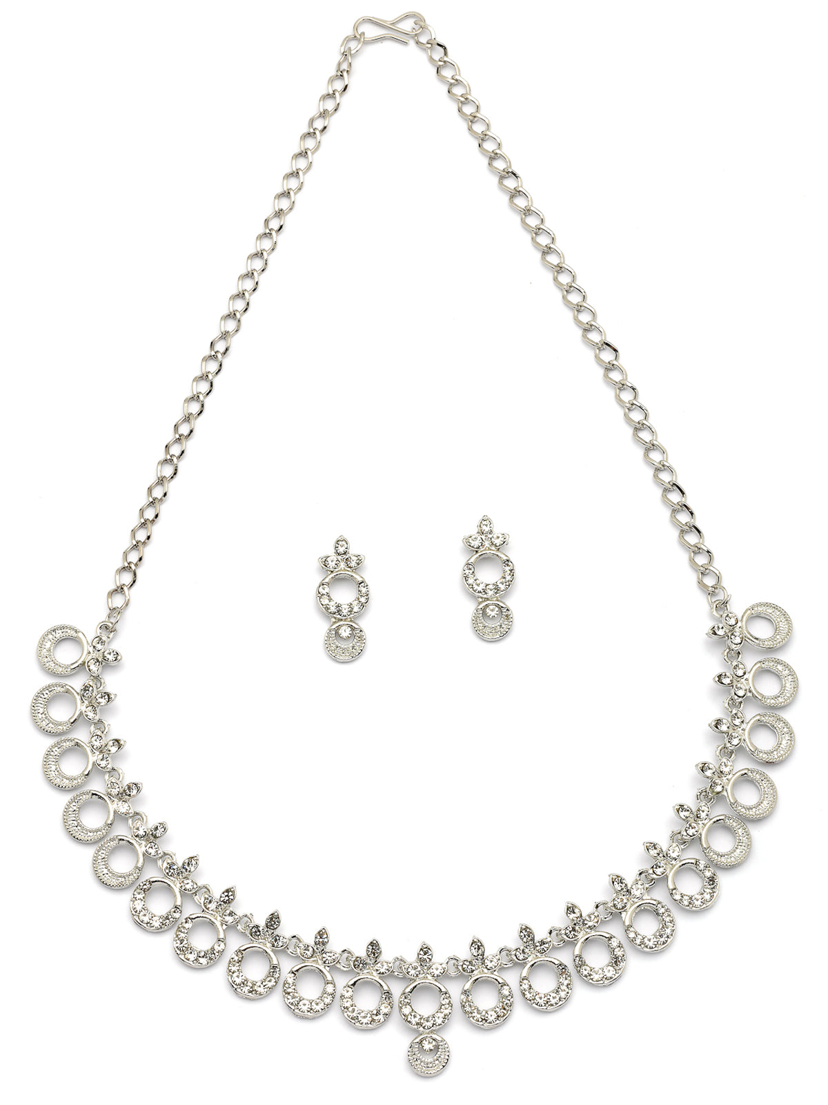 Sukkhi Graceful Rhodium Plated Round Shaped AD Stones Studded Silver Necklace Set with Studs Earrings Jewellery for Women & Girls|Jewellery for Party, Wedding, and Festive Occasions for Women|NS107473