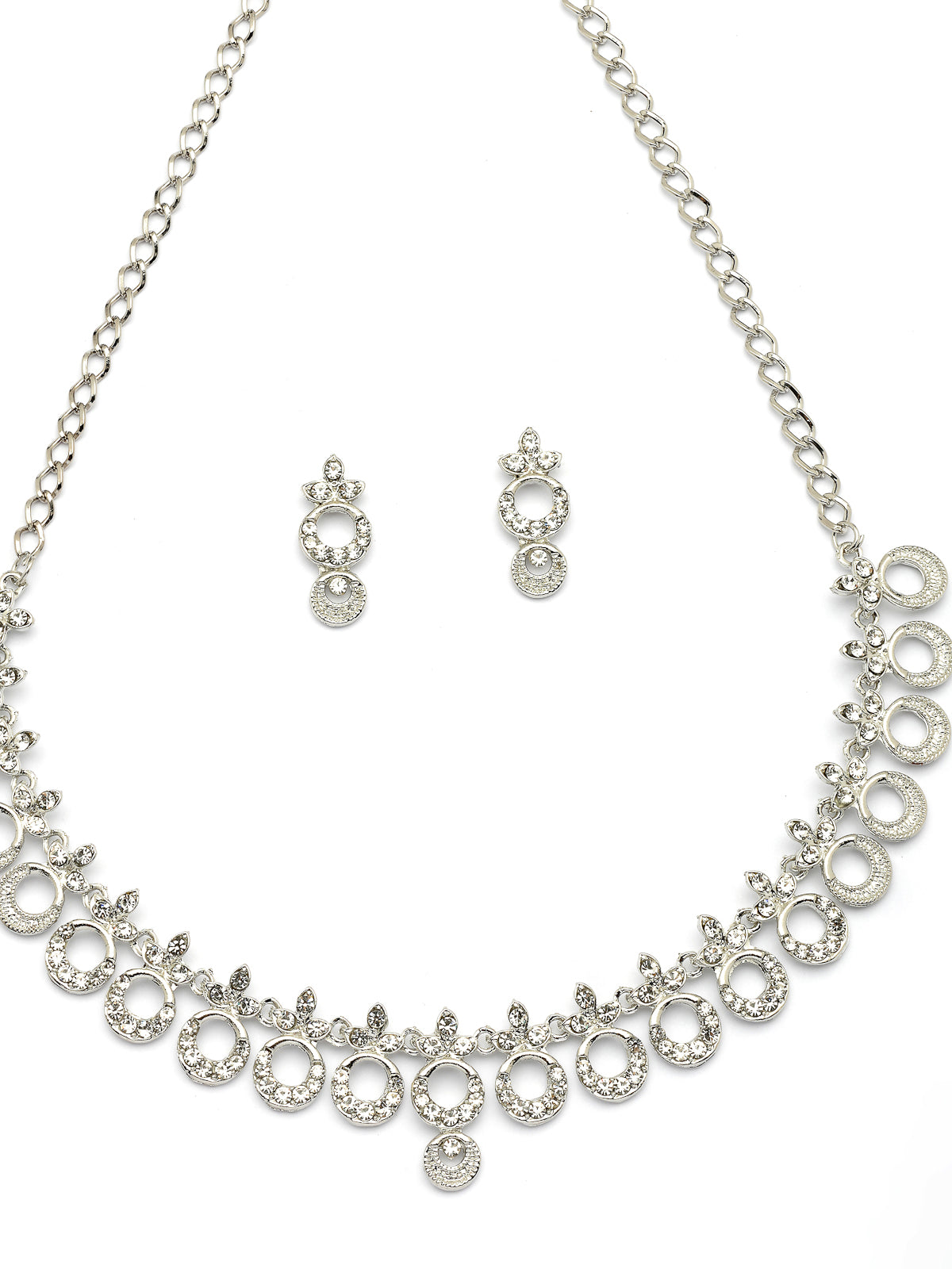 Sukkhi Graceful Rhodium Plated Round Shaped AD Stones Studded Silver Necklace Set with Studs Earrings Jewellery for Women & Girls|Jewellery for Party, Wedding, and Festive Occasions for Women|NS107473