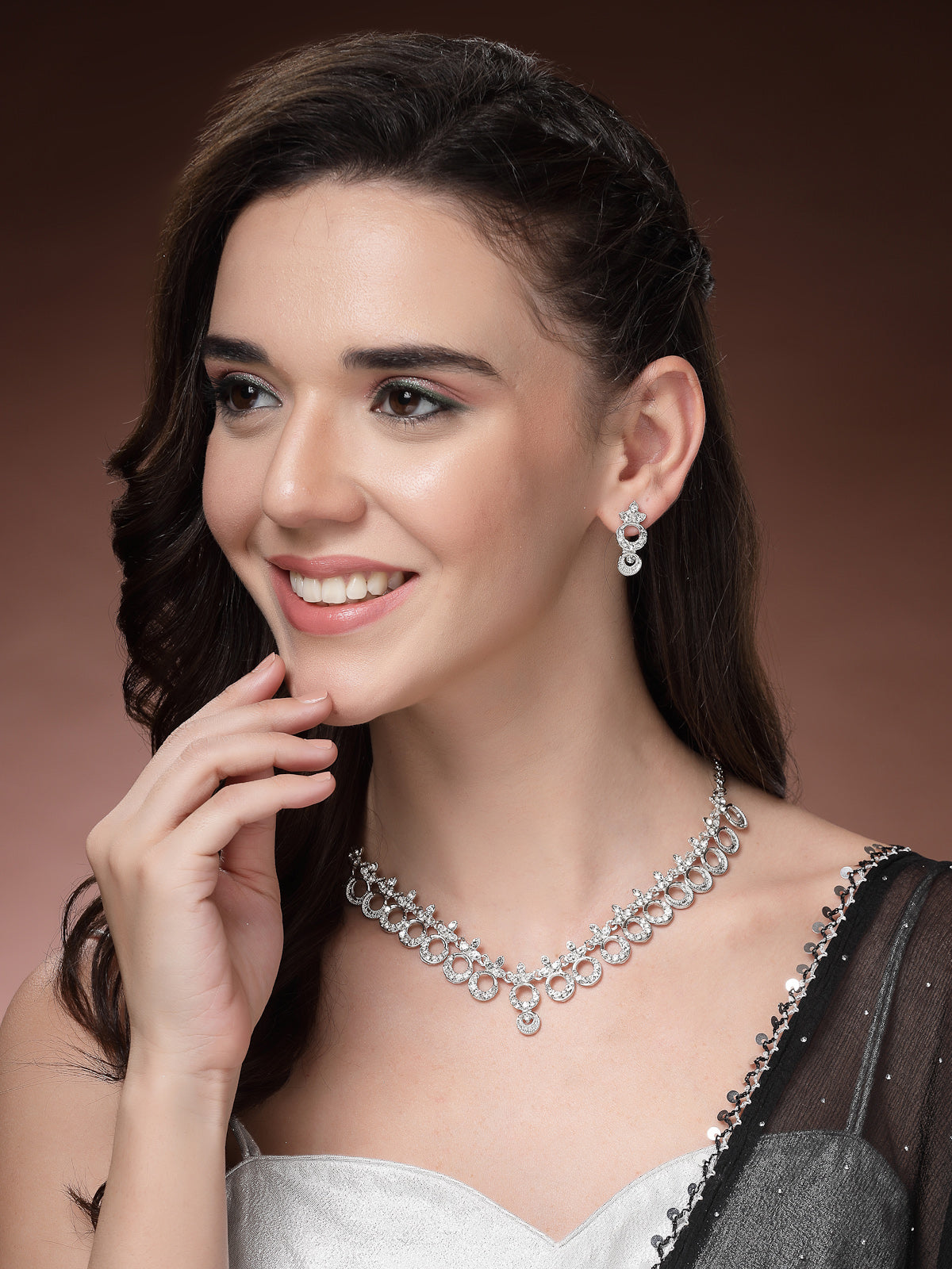 Sukkhi Graceful Rhodium Plated Round Shaped AD Stones Studded Silver Necklace Set with Studs Earrings Jewellery for Women & Girls|Jewellery for Party, Wedding, and Festive Occasions for Women|NS107473