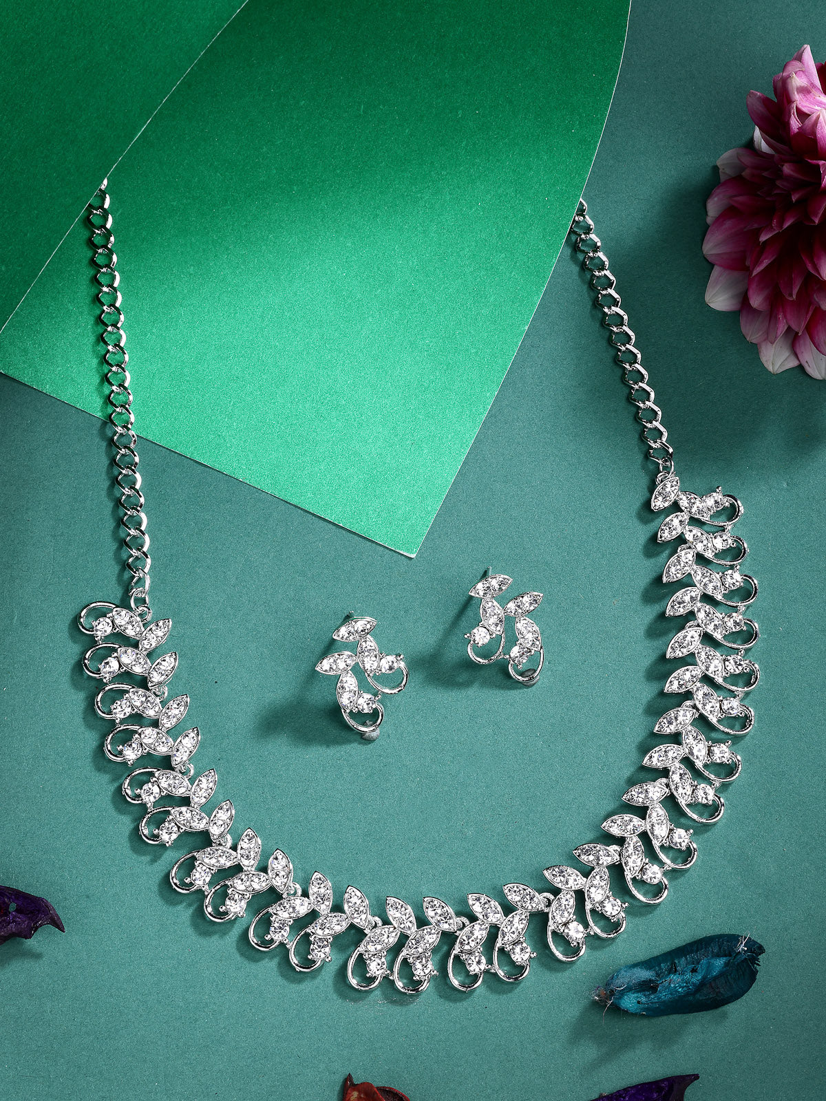 Sukkhi Stylish Rhodium Plated AD Stones Silver Choker Necklace Set with Studs Earrings Jewellery for Women & Girls|Jewellery for Party, Wedding, and Festive Occasions for Women|NS107474