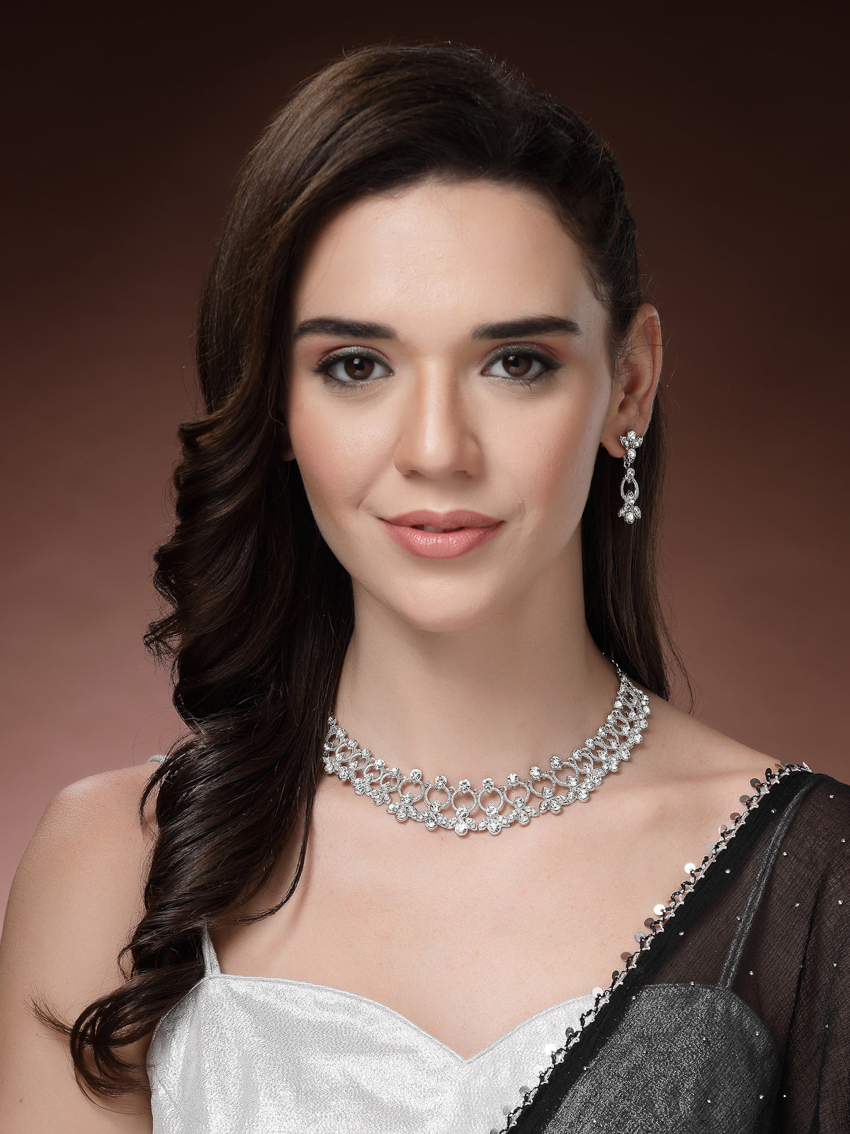 Sukkhi Latest Stylish Rhodium Plated AD Stones Studded Silver Choker Necklace Set with Drop Earrings Jewellery for Women & Girs|Jewellery for Party, Wedding, and Festive Occasions for Women|NS107475