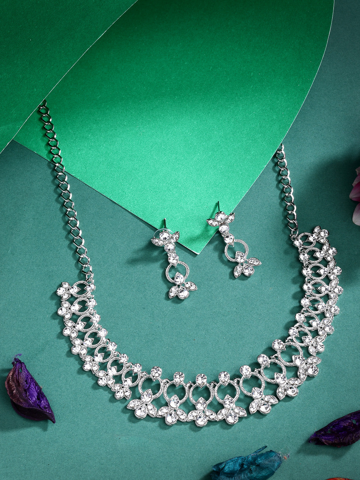 Sukkhi Latest Stylish Rhodium Plated AD Stones Studded Silver Choker Necklace Set with Drop Earrings Jewellery for Women & Girs|Jewellery for Party, Wedding, and Festive Occasions for Women|NS107475