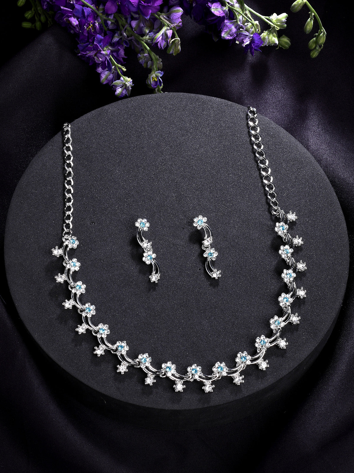 Sukkhi All Season Floral Design with Rhodium Plated AD Stones Silver Choker Necklace Set & Dangle Earrings Jewellery for Women|Jewellery for Party, Wedding, and Festive Occasions for Women|NS107476