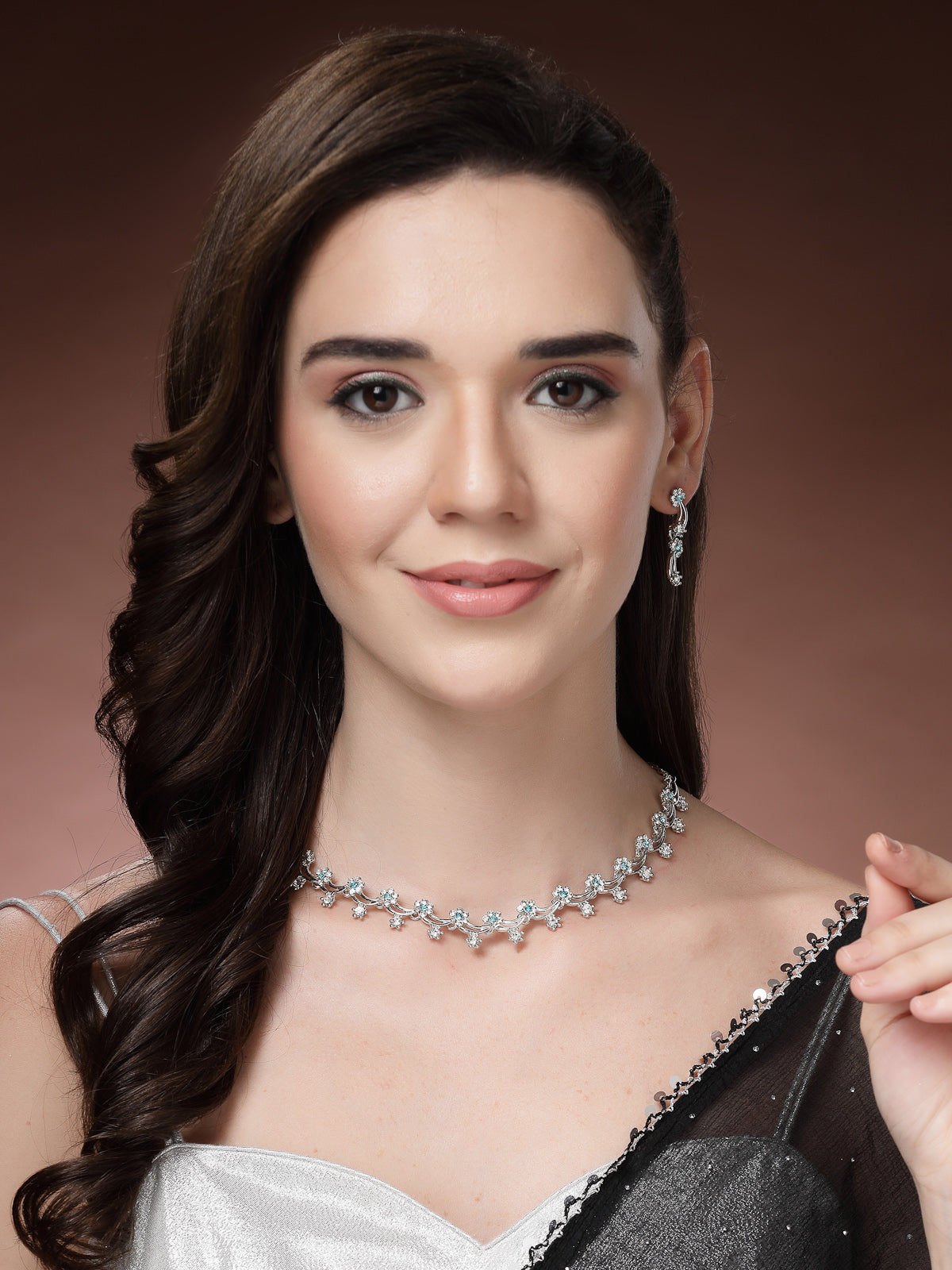 Sukkhi All Season Floral Design with Rhodium Plated AD Stones Silver Choker Necklace Set & Dangle Earrings Jewellery for Women|Jewellery for Party, Wedding, and Festive Occasions for Women|NS107476