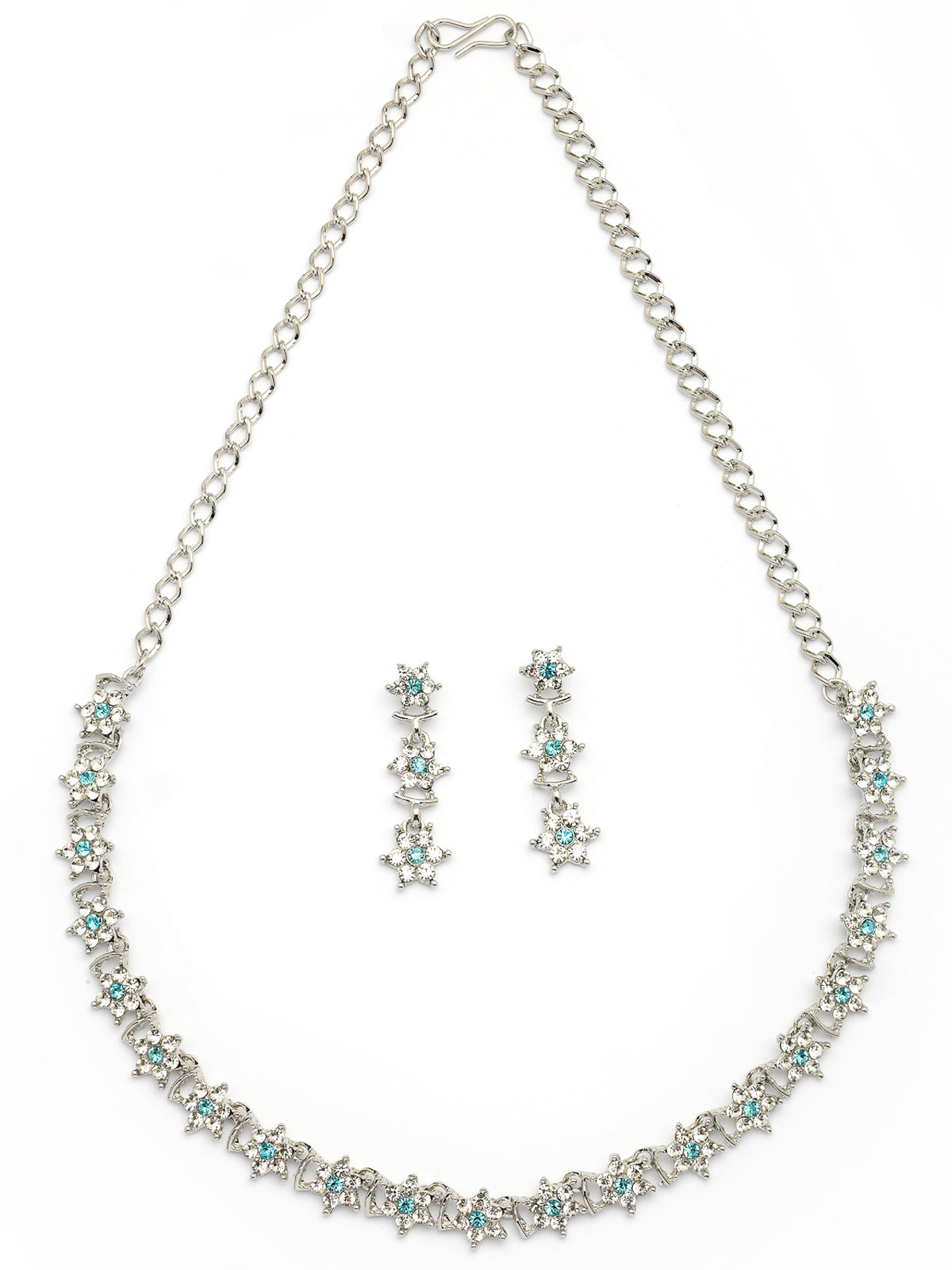 Sukkhi Latest Stylish Floral Design Rhodium Plated AD Stones Silver Choker Necklace Set with Dangle Earrings Jewellery for Women|Jewellery for Party, Wedding, and Festive Occasions for Women|NS107477