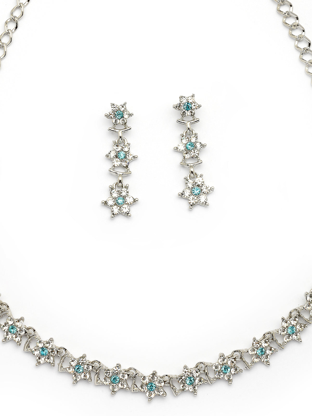 Sukkhi Latest Stylish Floral Design Rhodium Plated AD Stones Silver Choker Necklace Set with Dangle Earrings Jewellery for Women|Jewellery for Party, Wedding, and Festive Occasions for Women|NS107477