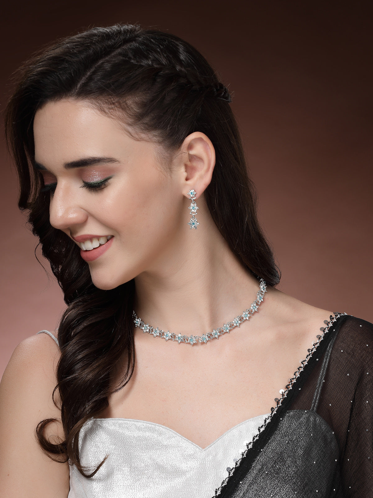 Sukkhi Latest Stylish Floral Design Rhodium Plated AD Stones Silver Choker Necklace Set with Dangle Earrings Jewellery for Women|Jewellery for Party, Wedding, and Festive Occasions for Women|NS107477