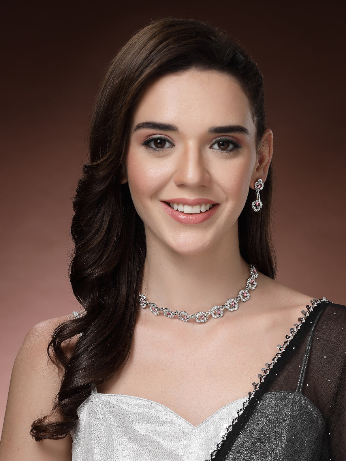 Sukkhi Pretty Stylish Rhodium Plated AD Stones Silver Choker Necklace Set with Drop Earrings Jewellery for Women & Girls|Jewellery for Party, Wedding, and Festive Occasions for Women|NS107478