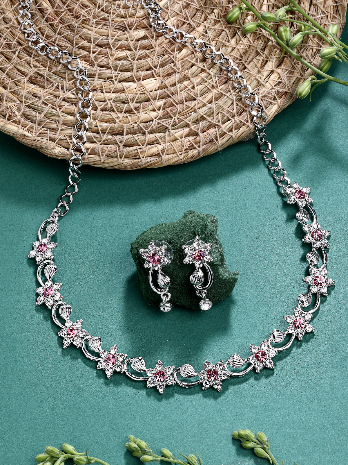 Sukkhi Floral Design with Rhodium Plated AD Stones Silver Choker Necklace Set with Drop Earrings Jewellery for Women & Girls|Jewellery for Party, Wedding, and Festive Occasions for Women|NS107479