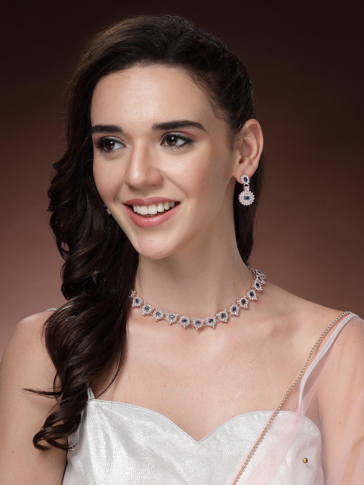 Sukkhi Beautiful Stylish Gold Plated AD Stones Studded Blue Choker Necklace Set with Drop Earrings Jewellery for Women & Girls|Jewellery for Party, Wedding, and Festive Occasions for Women|NS107481