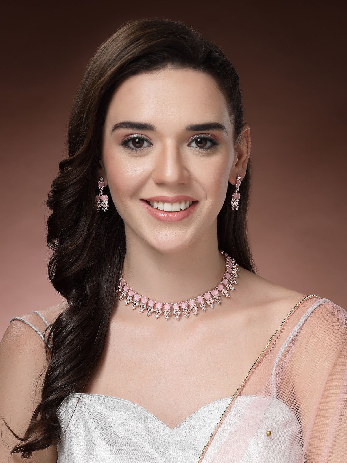 Sukkhi Pretty Pink with Gold Plated AD Stones Studded Choker Necklace Set with Drop Earrings Jewellery for Women & Girls|Jewellery for Party, Wedding, and Festive Occasions for Women|NS107485