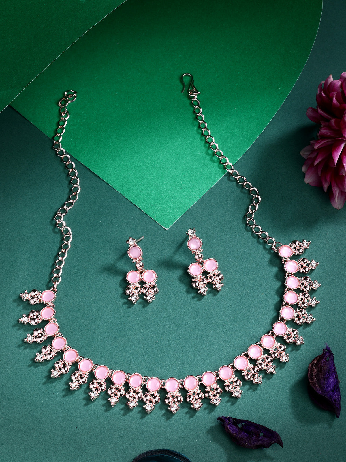 Sukkhi Pretty Pink with Gold Plated AD Stones Studded Choker Necklace Set with Drop Earrings Jewellery for Women & Girls|Jewellery for Party, Wedding, and Festive Occasions for Women|NS107485