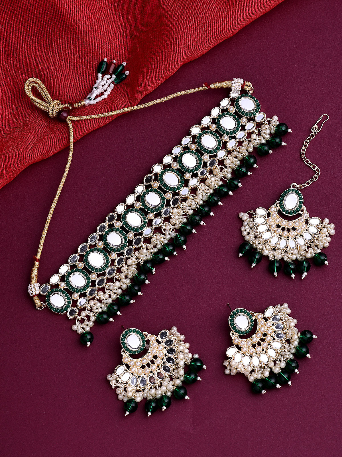 Sukkhi Classy Gold Plated with AD Beads Choker Necklace Set Earring and Maangtikka Jewellery Set for Women|NS107519