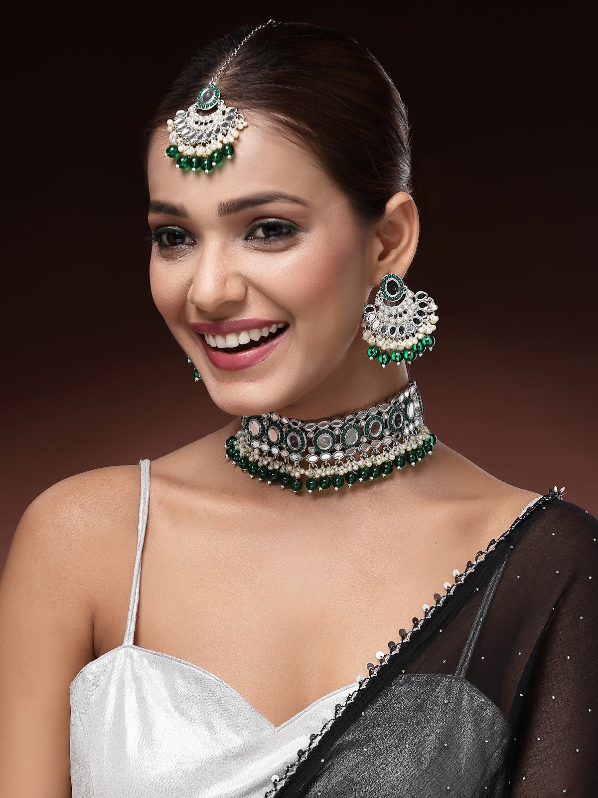 Sukkhi Trendy Rhodium Plated with AD Beads Choker Necklace Set Earring and Maangtikka Jewellery Set for Women|NS107520