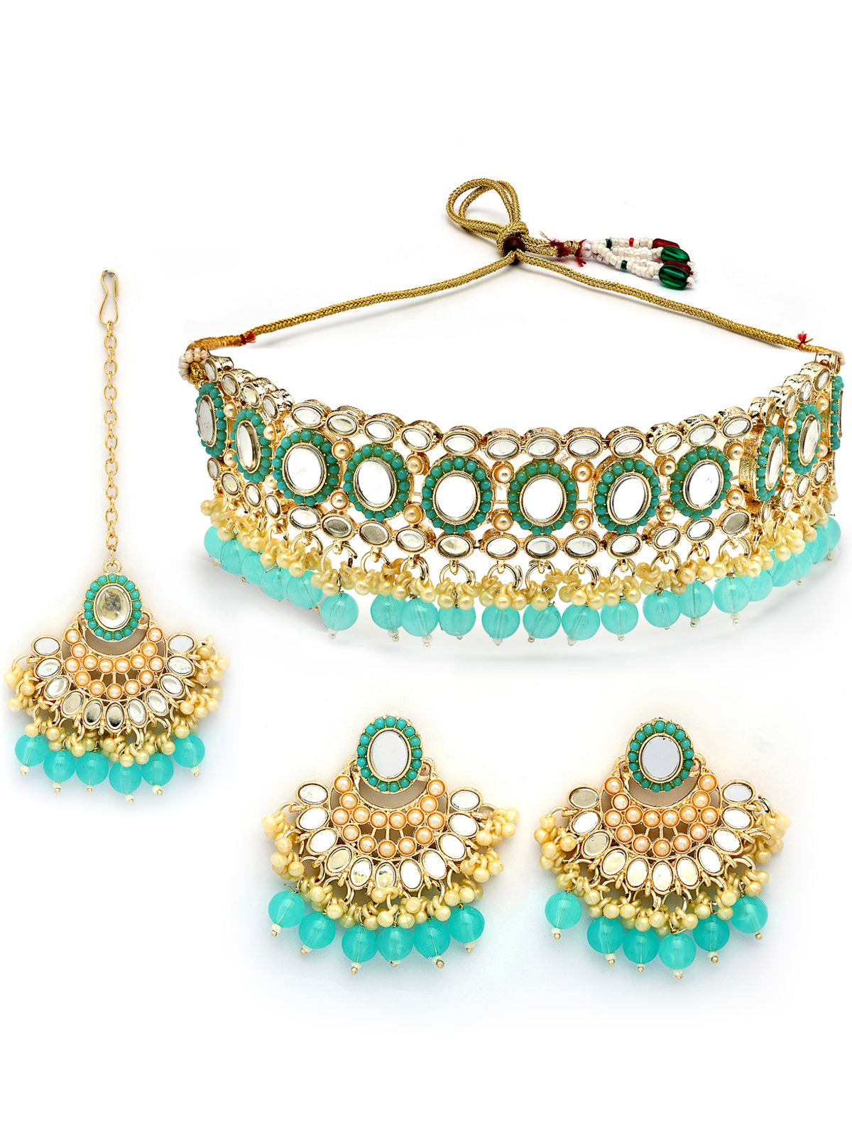 Sukkhi Classical Gold Plated with AD Beads Choker Necklace Set Earring and Maangtikka Jewellery Set for Women|NS107521